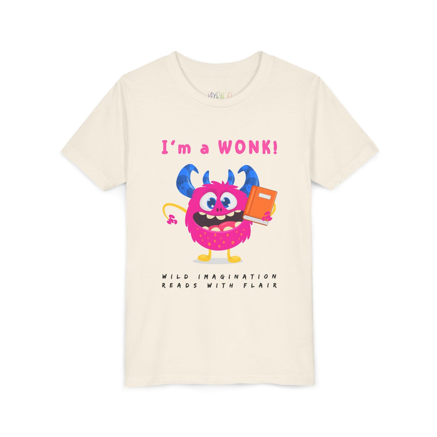 Beige personality t-shirt with a colorful pink monster graphic holding a book and proudly stating 'I'm a WONK!'