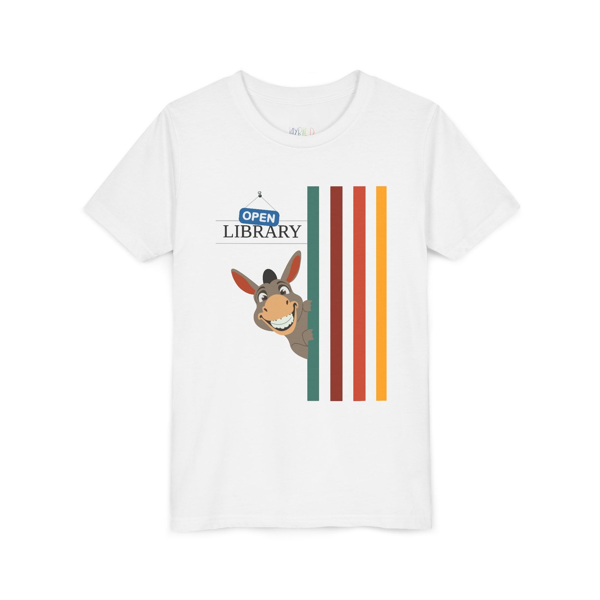 White t-shirt with cartoon donkey peaking around a rainbow wall and text 'Open Library'