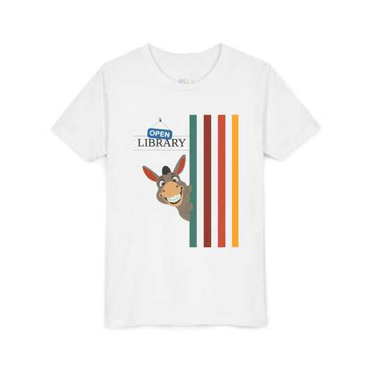White t-shirt with cartoon donkey peaking around a rainbow wall and text 'Open Library'