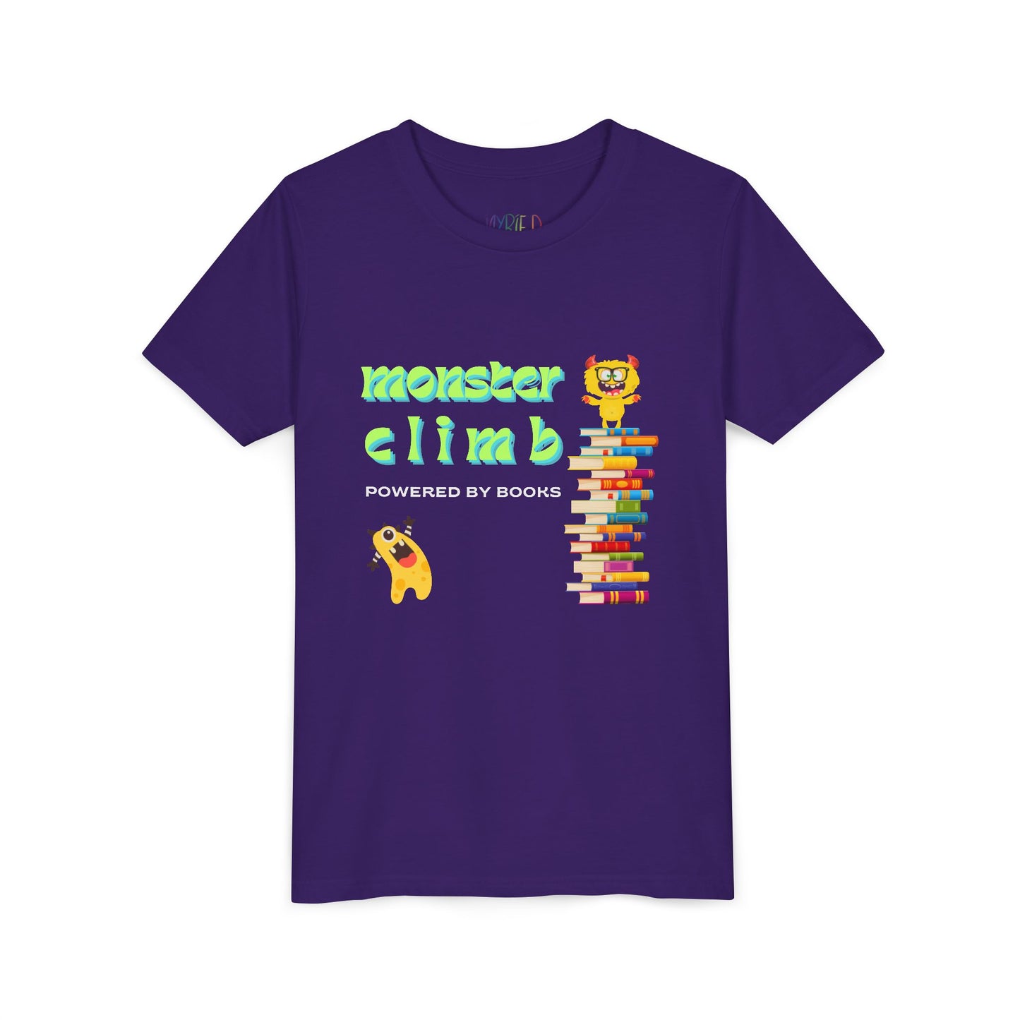 Purple t-shirt with one very excited monster looking up at a fellow monster standing on top of a stack of books and text 'Monster Climb Powered By Books'