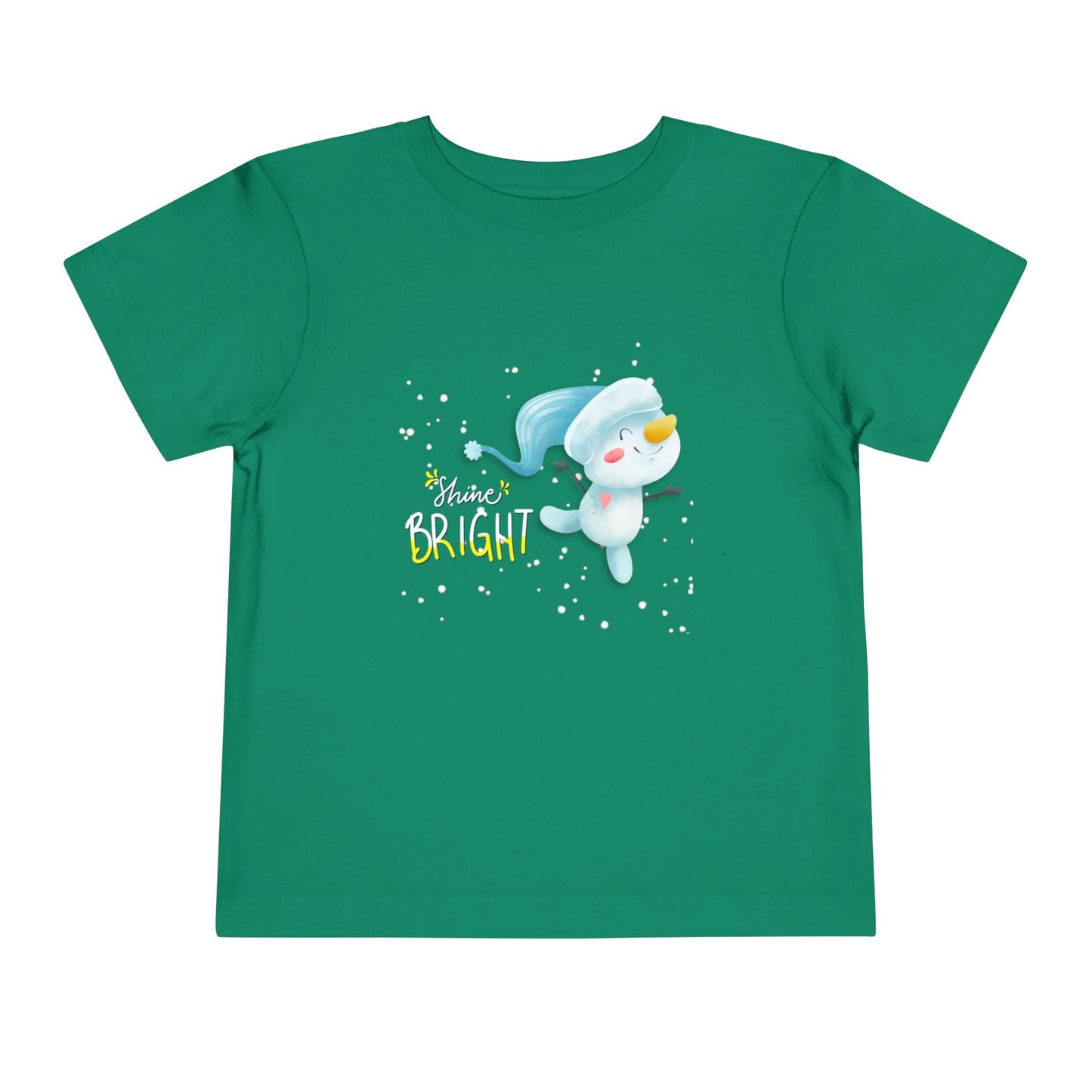 Green toddler t-shirt with a swirling snowman graphic and 'Shine Bright' text on a white background
