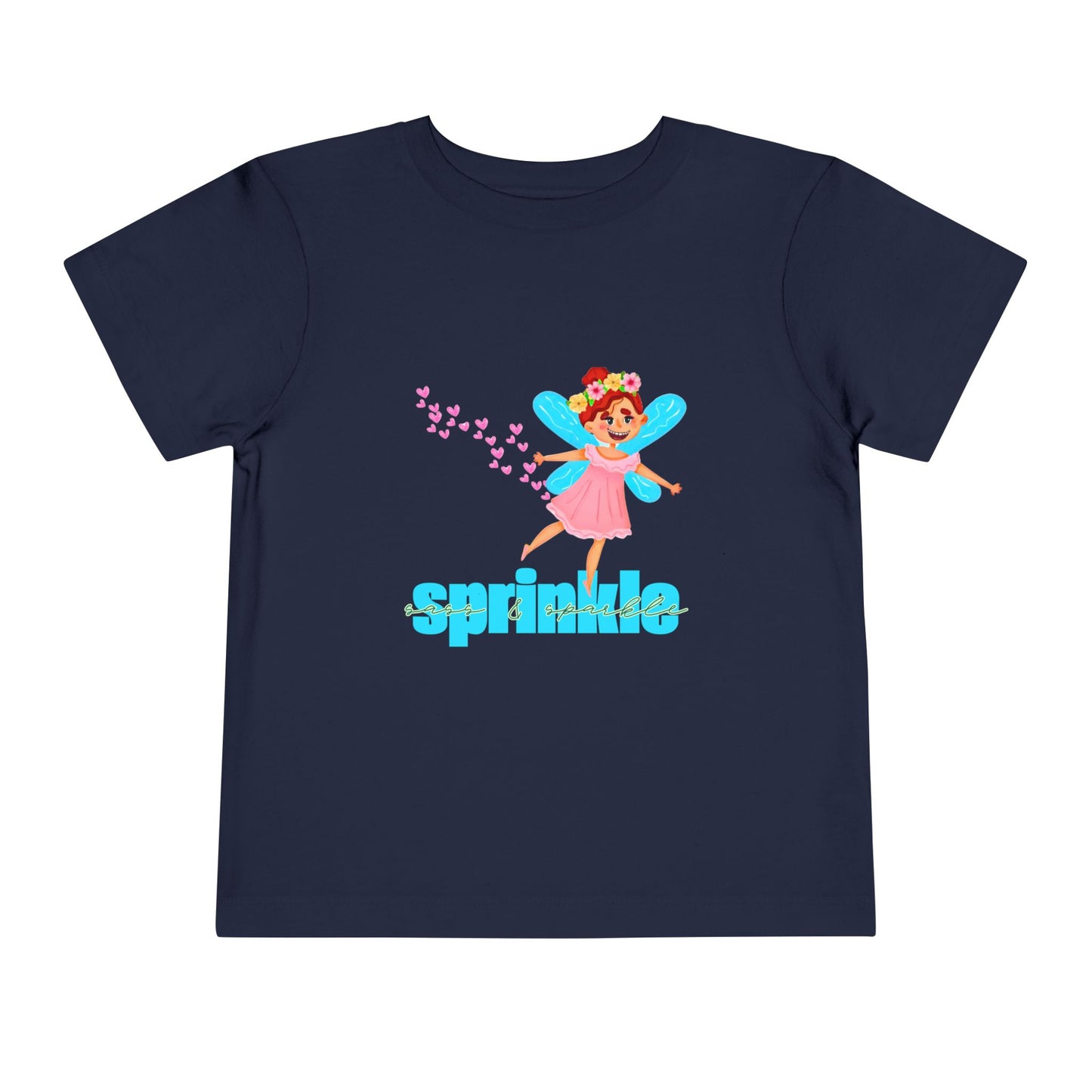 Navy blue toddler t-shirt with a fairy graphic, hearts and 'sprinkle sass & sparkle' text