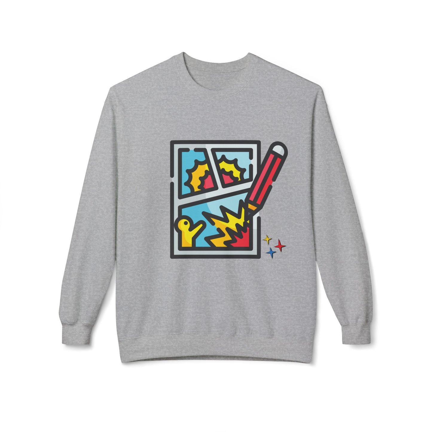 Light gray sweatshirt with colorful comic graphic 