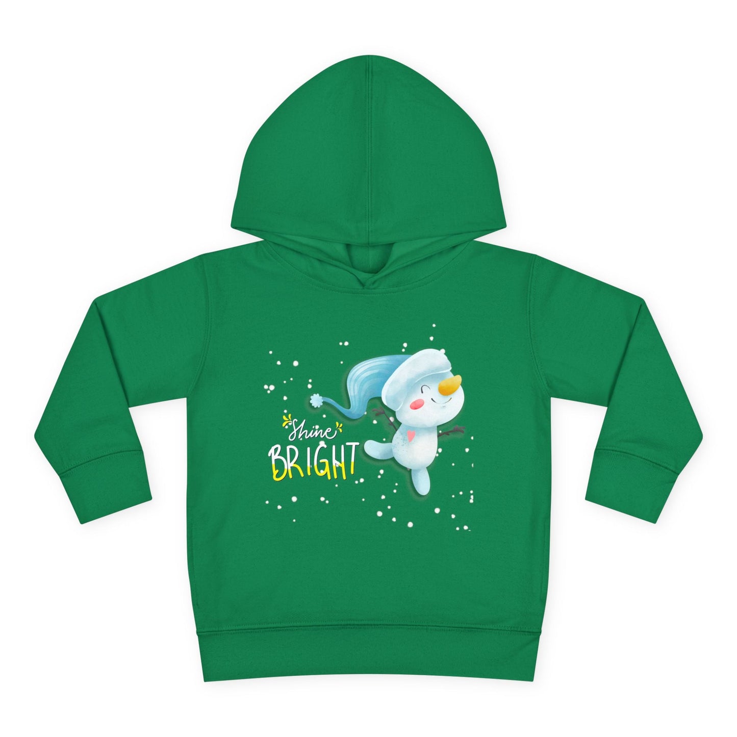 Green toddler hoodie with a snowman dancing through the snow graphic and 'Shine Bright' text on a white background