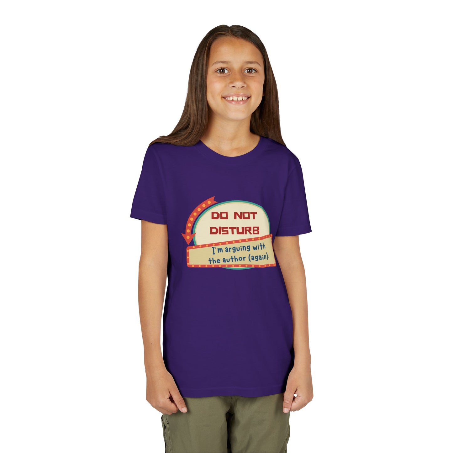 Girl wearing a purple t-shirt with a do not disturb sign and text 'I'm arguing with the author (again).'