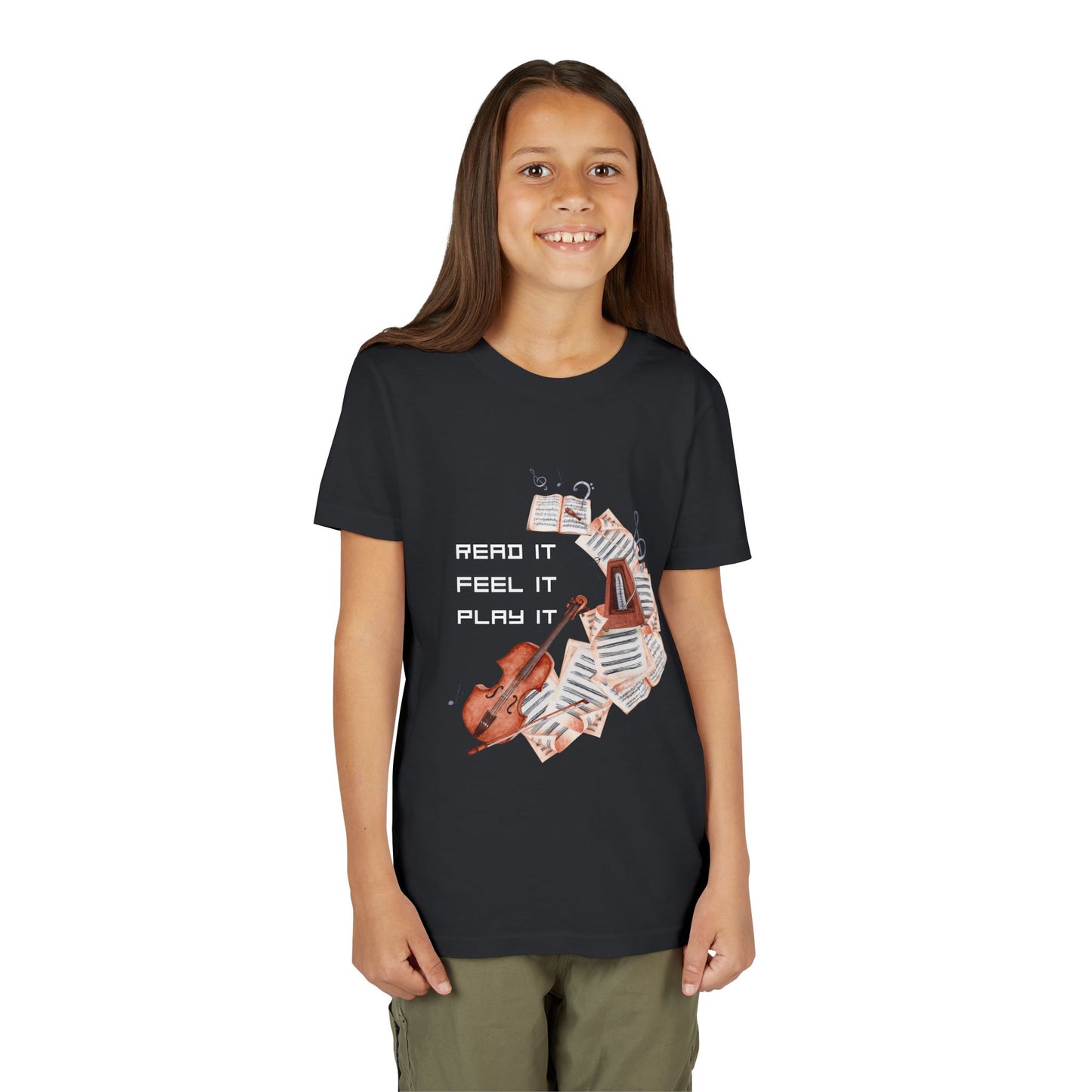 Girl wearing a black t-shirt with swirling music sheets, metronome, violin and text 'Read It. Feel It. Play It.'