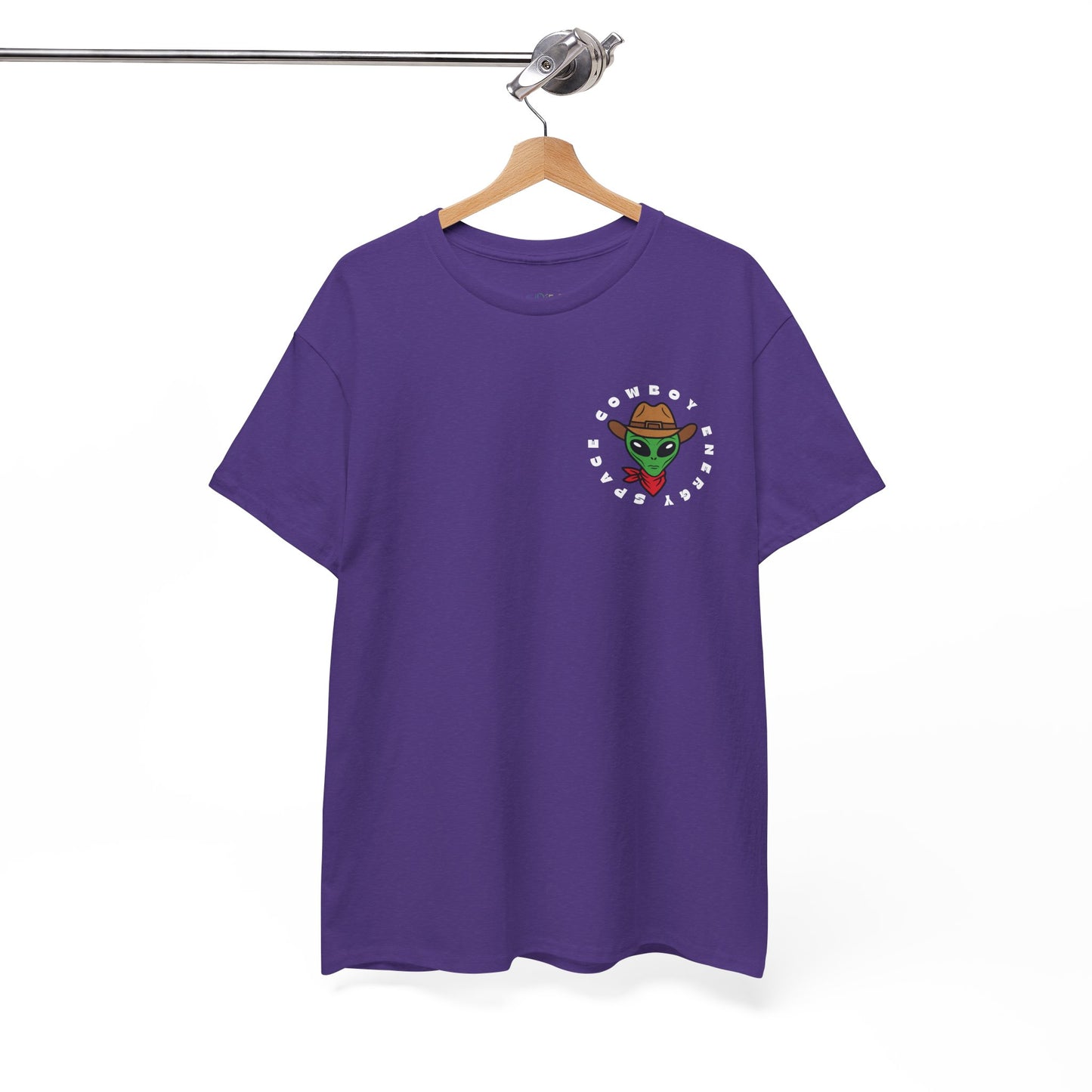 Purple t-shirt with a small space cowboy alien in the top corner, circled by text 'Space Cowboy Energy' 