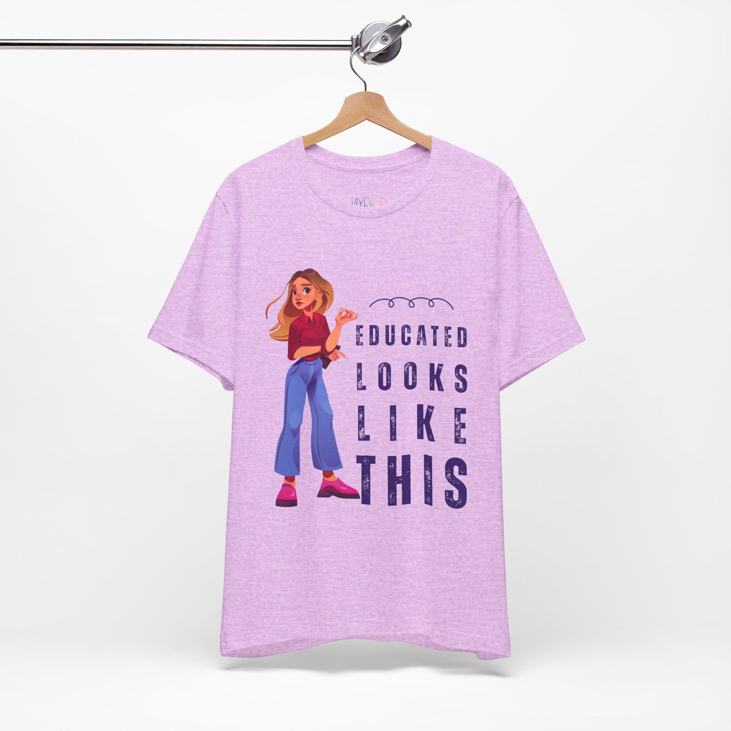 Purple t-shirt with woman and text 'Educated Looks Like This' 