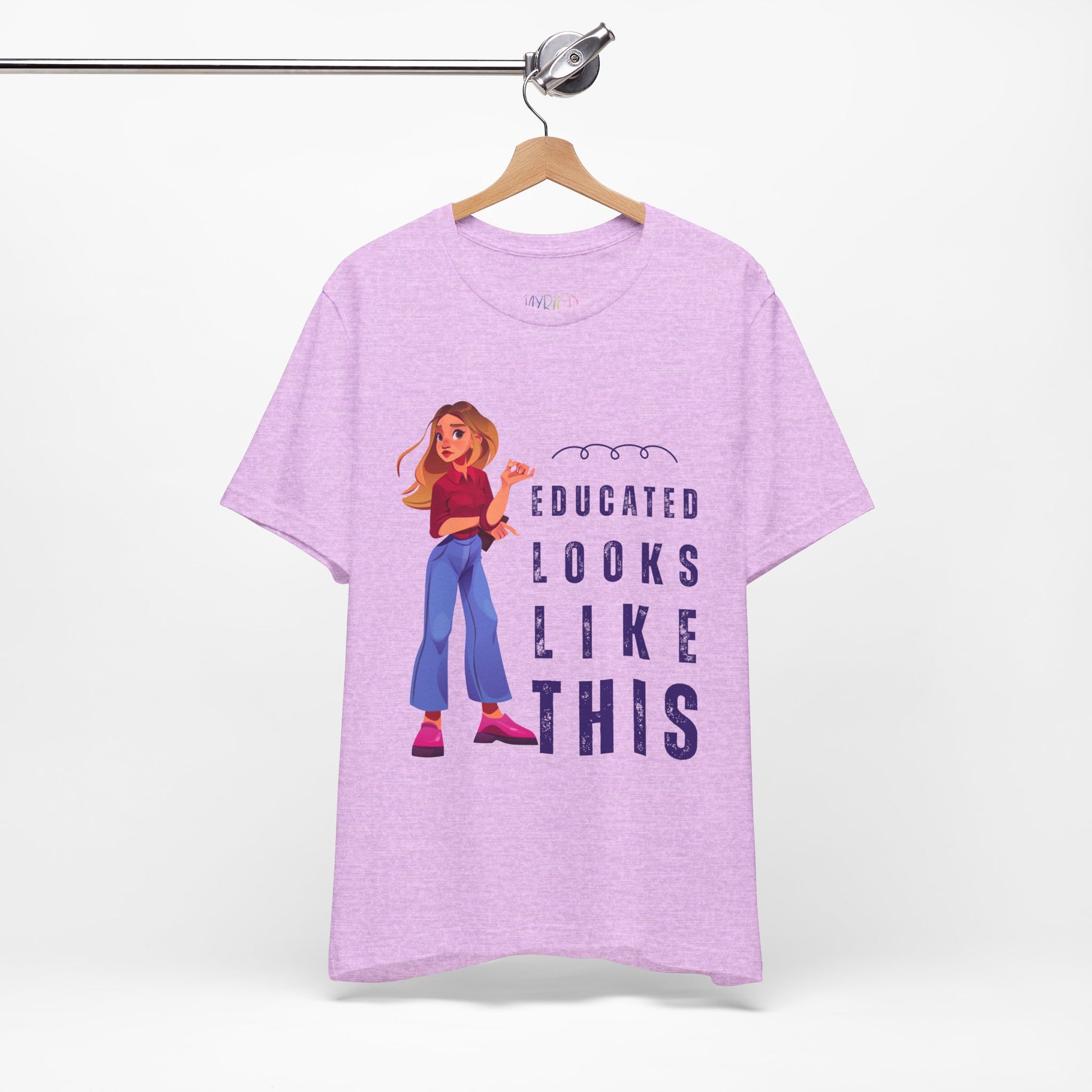 Purple t-shirt with woman and text 'Educated Looks Like This' 