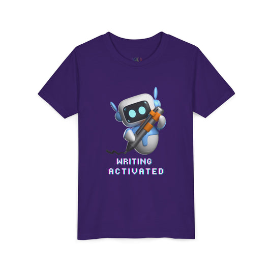 Purple t-shirt with a robot graphic and 'Writing Activated' text 