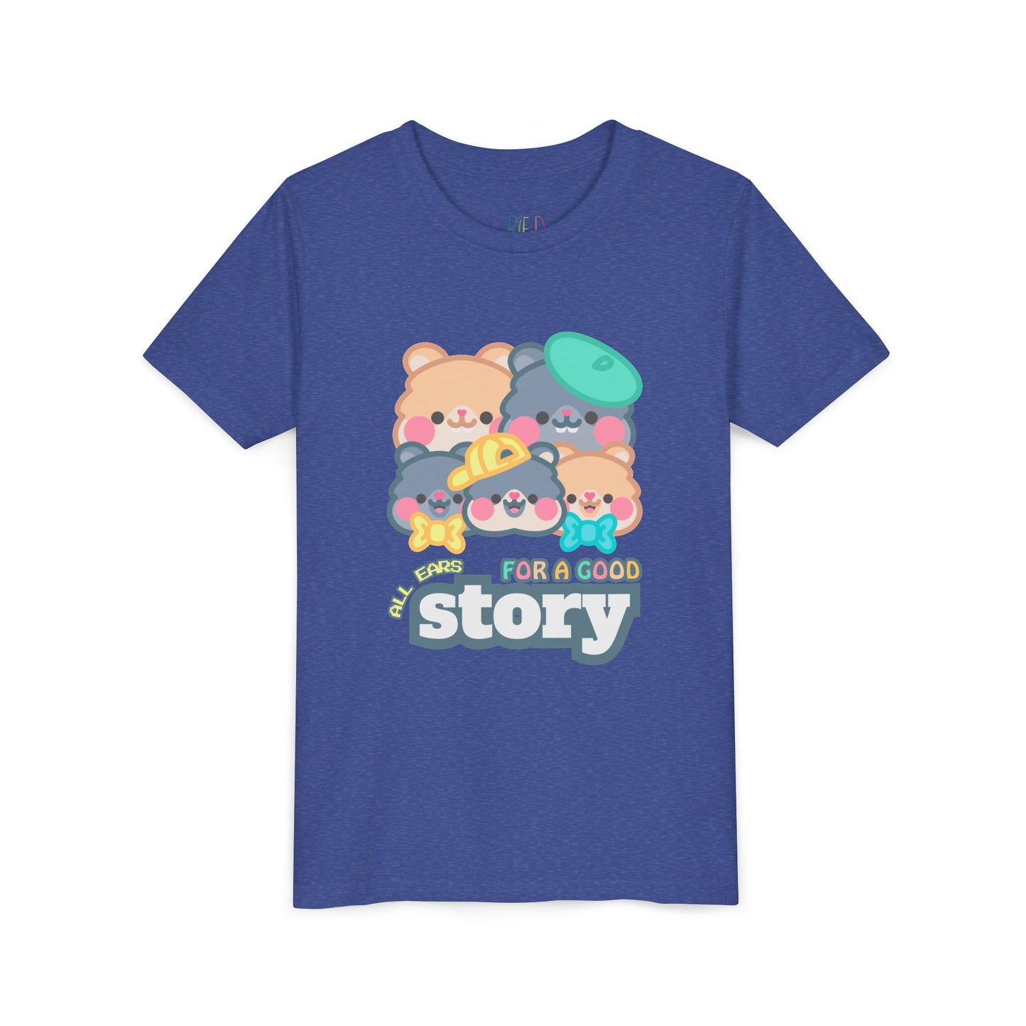 Blue t-shirt with pastel cartoon animals and text 'All Ears For A Good Story'
