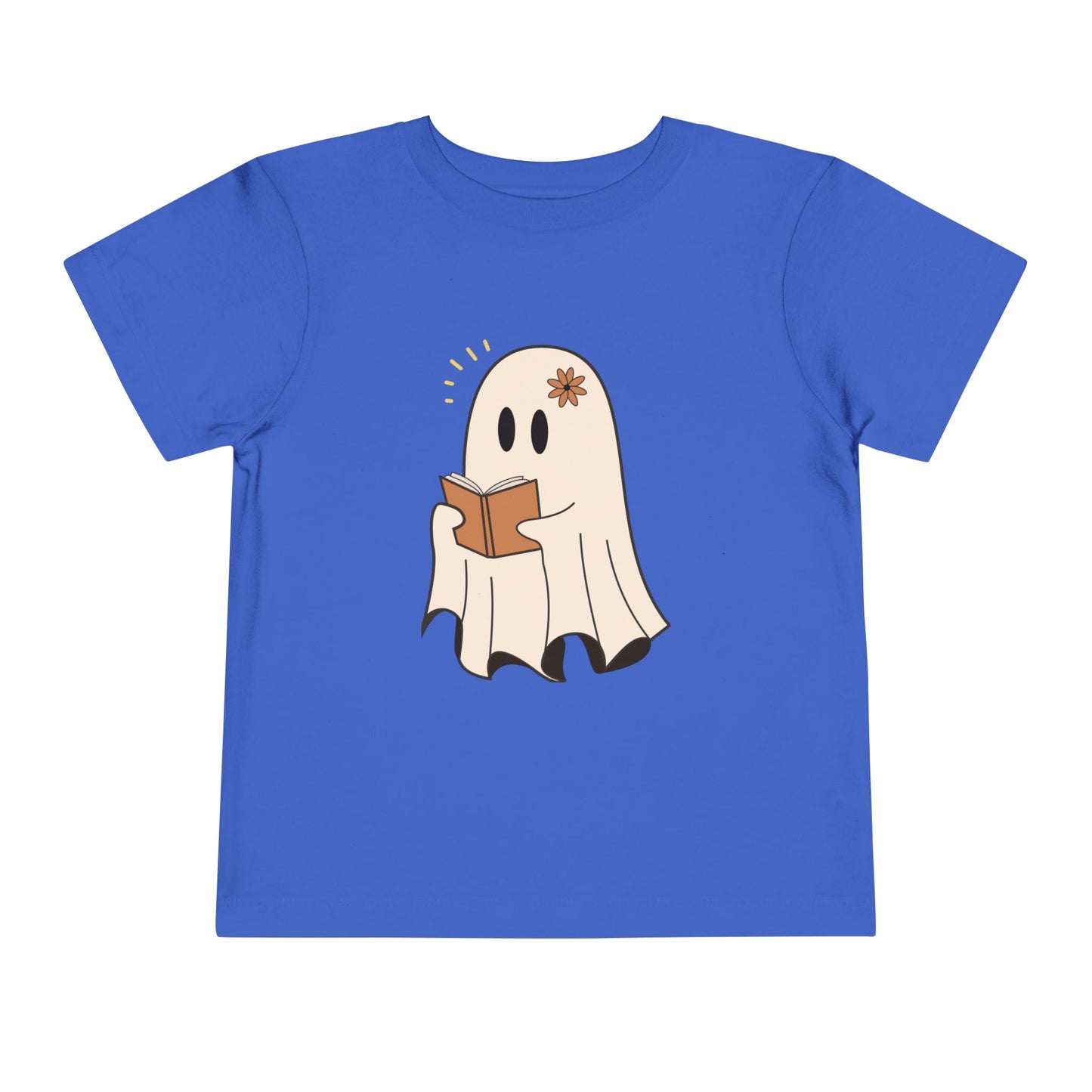 Blue toddler t-shirt with a cartoon ghost reading a book 