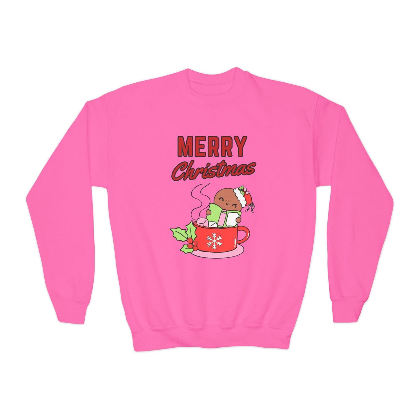Youth Merry Christmas Cocoa Sweatshirt â€“ Gingerbread Holiday Mug Design Printify