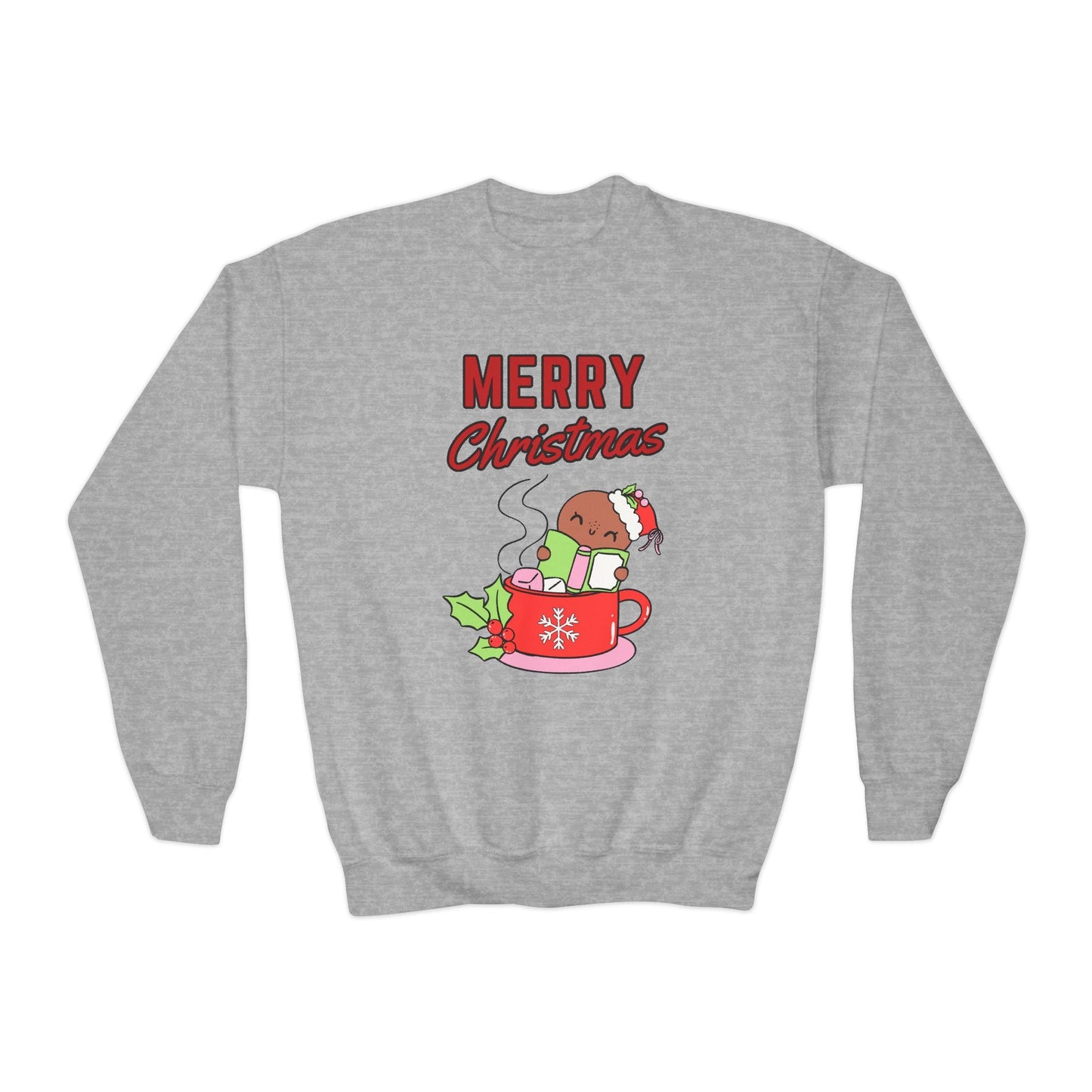 Youth Merry Christmas Cocoa Sweatshirt â€“ Gingerbread Holiday Mug Design Printify