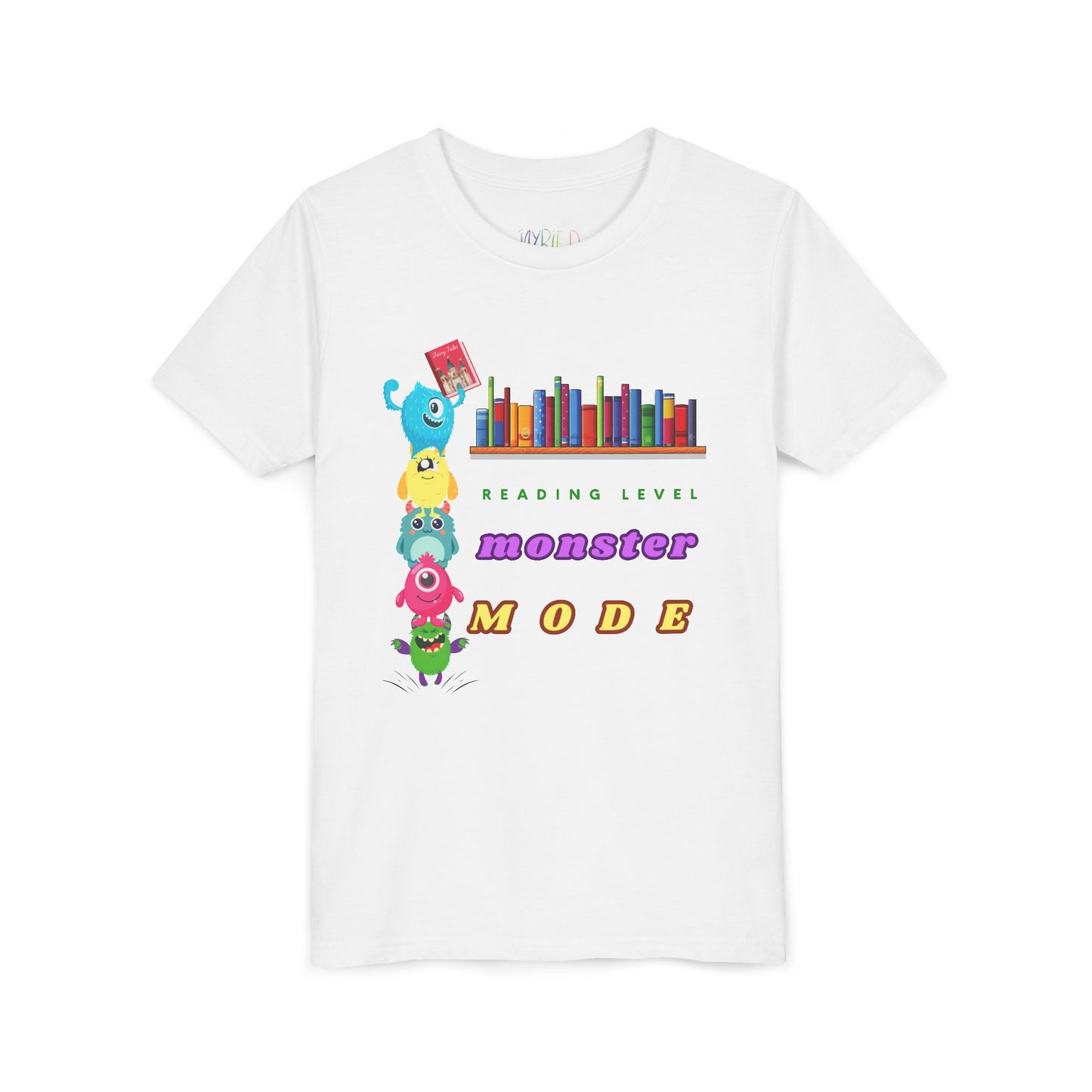 White t-shirt with colorful monsters standing on each others shoulders to reach a book on the bookshelf and text 'Reading Level Monster Mode'