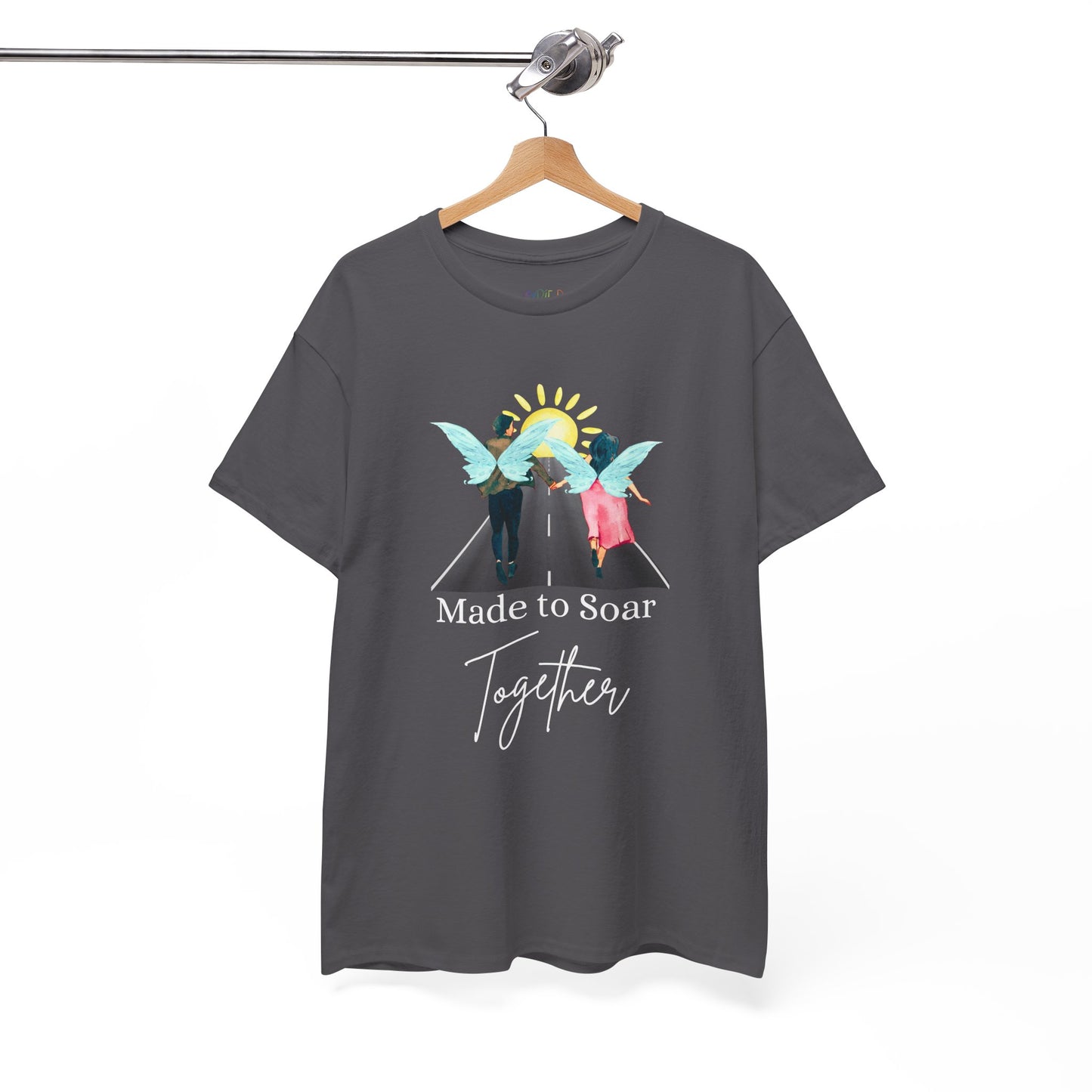 Gray t-shirt with graphic design of two fairies running down the toward toward the sunset and text 'Made To Soar Together' and text 'Made to Soar Together' 