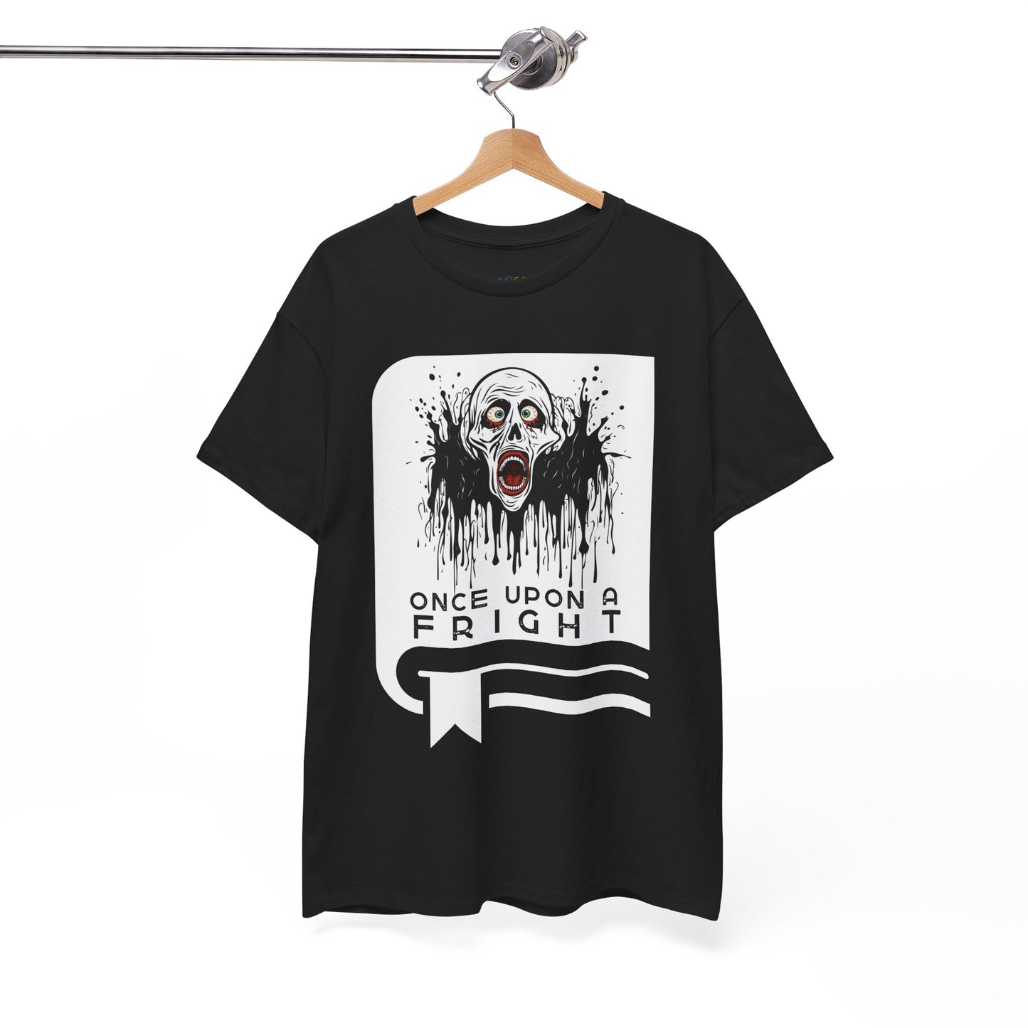 Black t-shirt with a graphic design of creepy skeleton graphic on a book cover and text 'Once Upon a Fright' on a hanger against a white background.