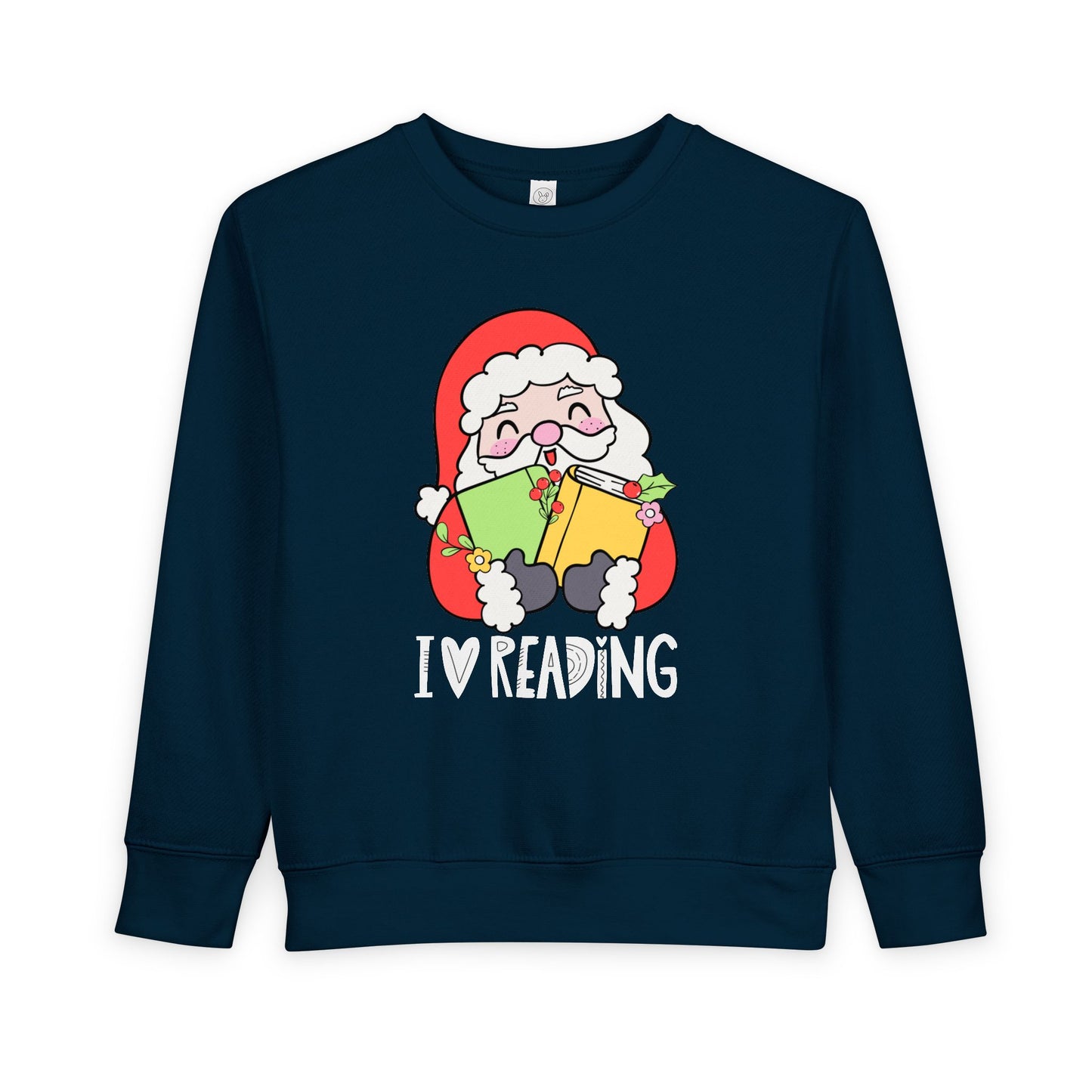 Navy blue toddler sweatshirt with a cartoon Santa Claus holding books and 'I love reading' text on a white background