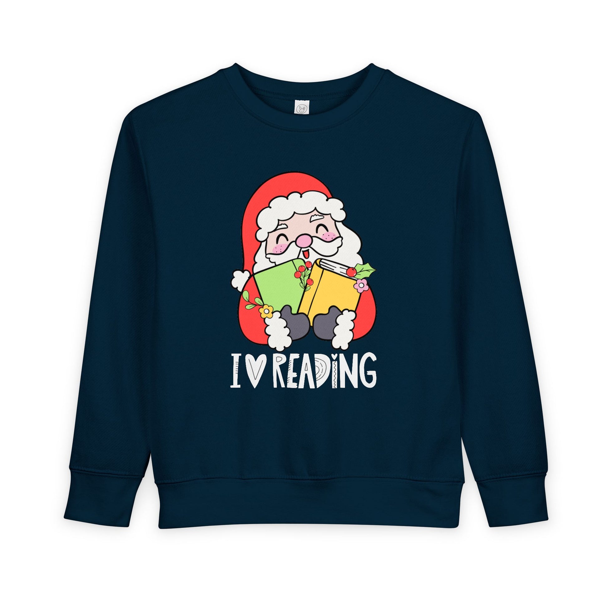 Navy blue toddler sweatshirt with a cartoon Santa Claus holding books and 'I love reading' text on a white background