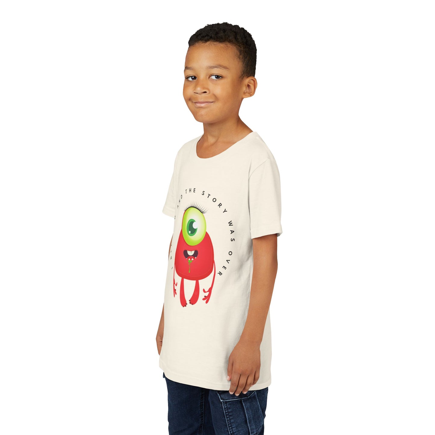 Boy wearing a beige t-shirt with a one eye, red, drooling monster and text 'I Blinked And The Story Was Over' 