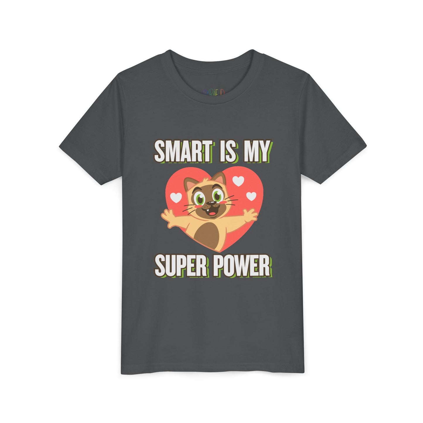 Gray t-shirt with cartoon cat character in a pink/coral heart and text 'Smart Is My Super Power'