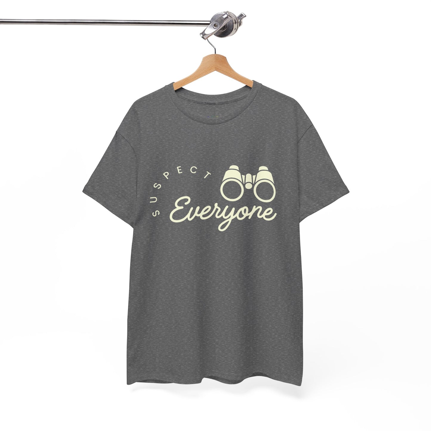 Gray t-shirt with 'Suspect Everyone' text and binoculars graphic 
