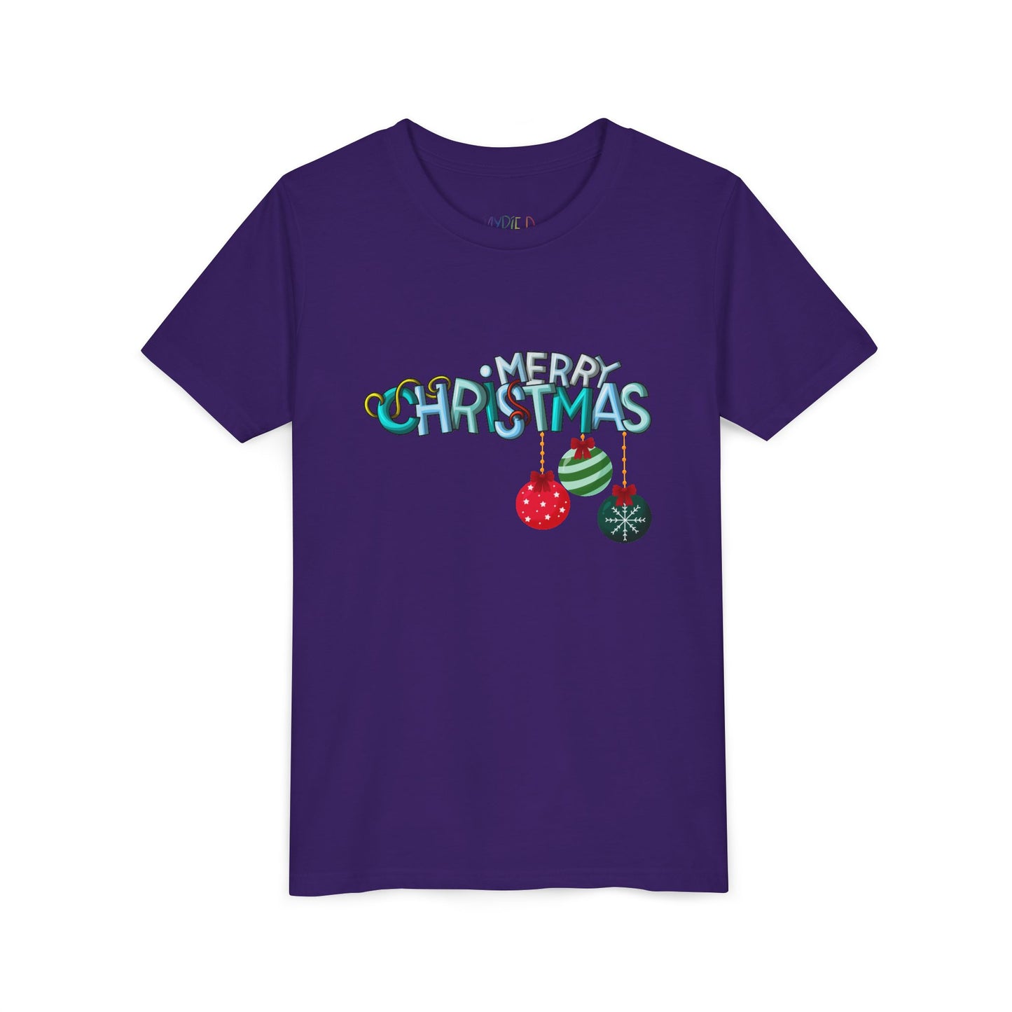 Purple t-shirt with 'Merry Christmas' text and ornaments on a white background