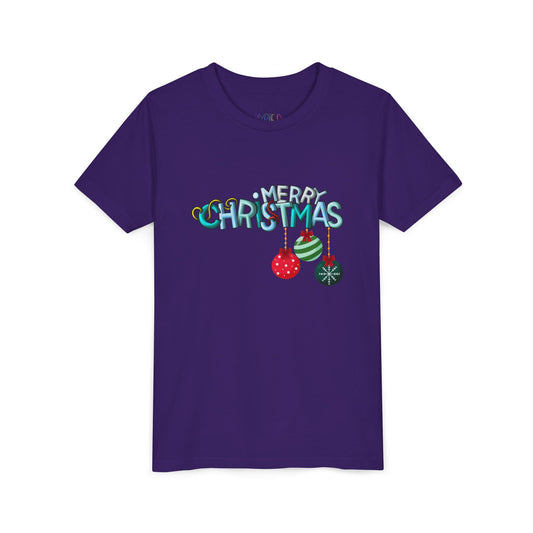 Purple t-shirt with 'Merry Christmas' text and ornaments on a white background