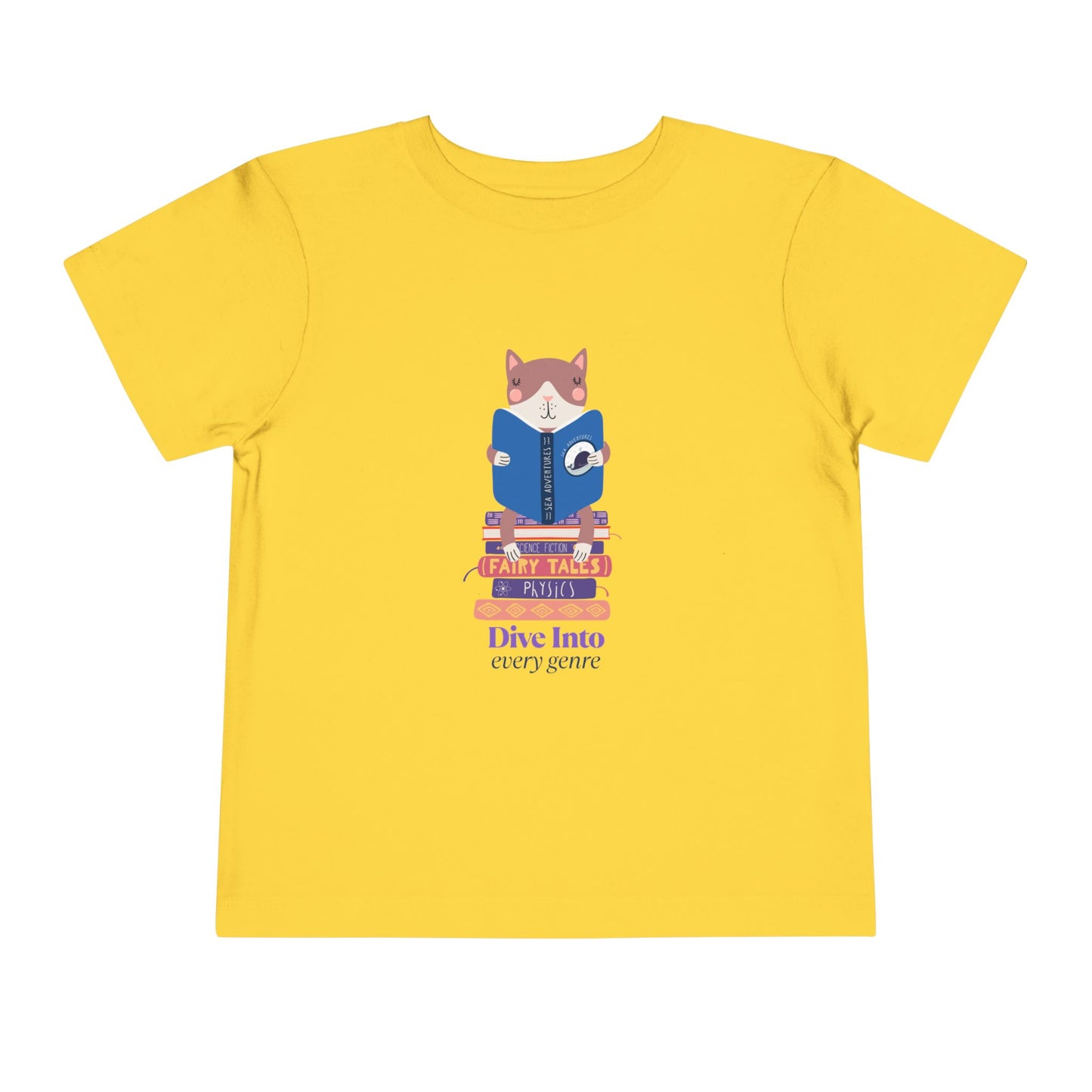 Yellow toddler t-shirt with a cat reading a book while sitting on a stack of books and text 'Dive Into Every Genre'