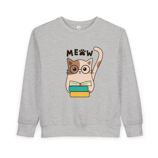 Gray toddler sweatshirt of an eye glass wearing cat, a stack of books and playful text 'meow'