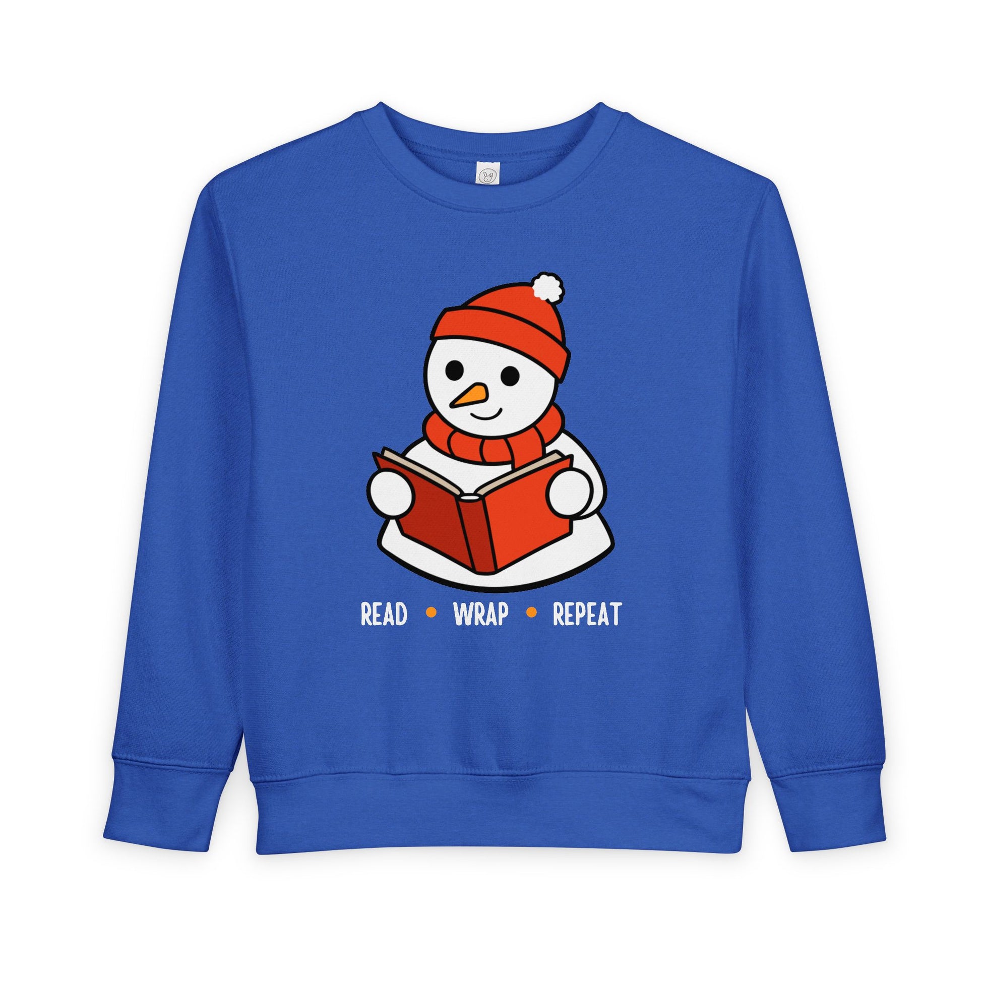Blue toddler sweatshirt with a snowman reading a book, text 'Read, Wrap, Repeat' on a white background