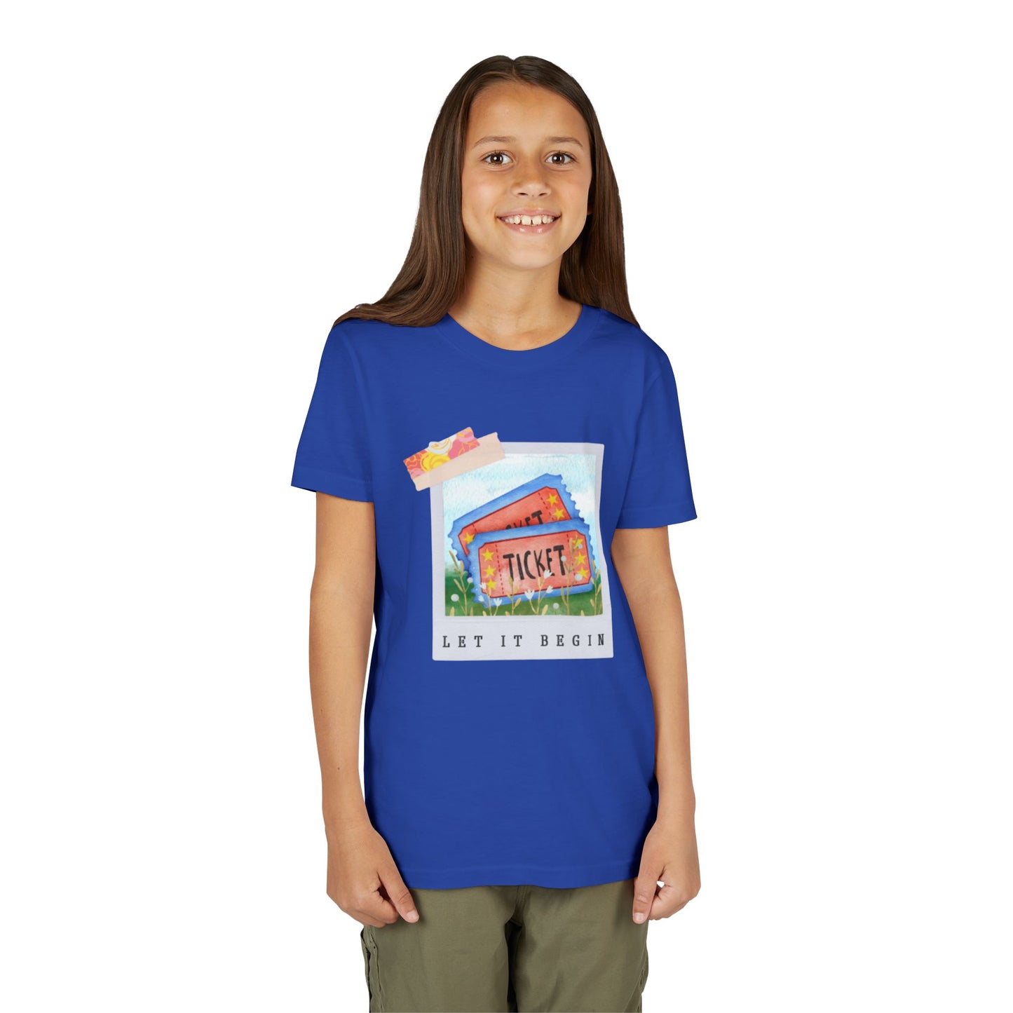 Girl wearing a blue t-shirt with a polaroid of two tickets and text 'Let It Begin' 