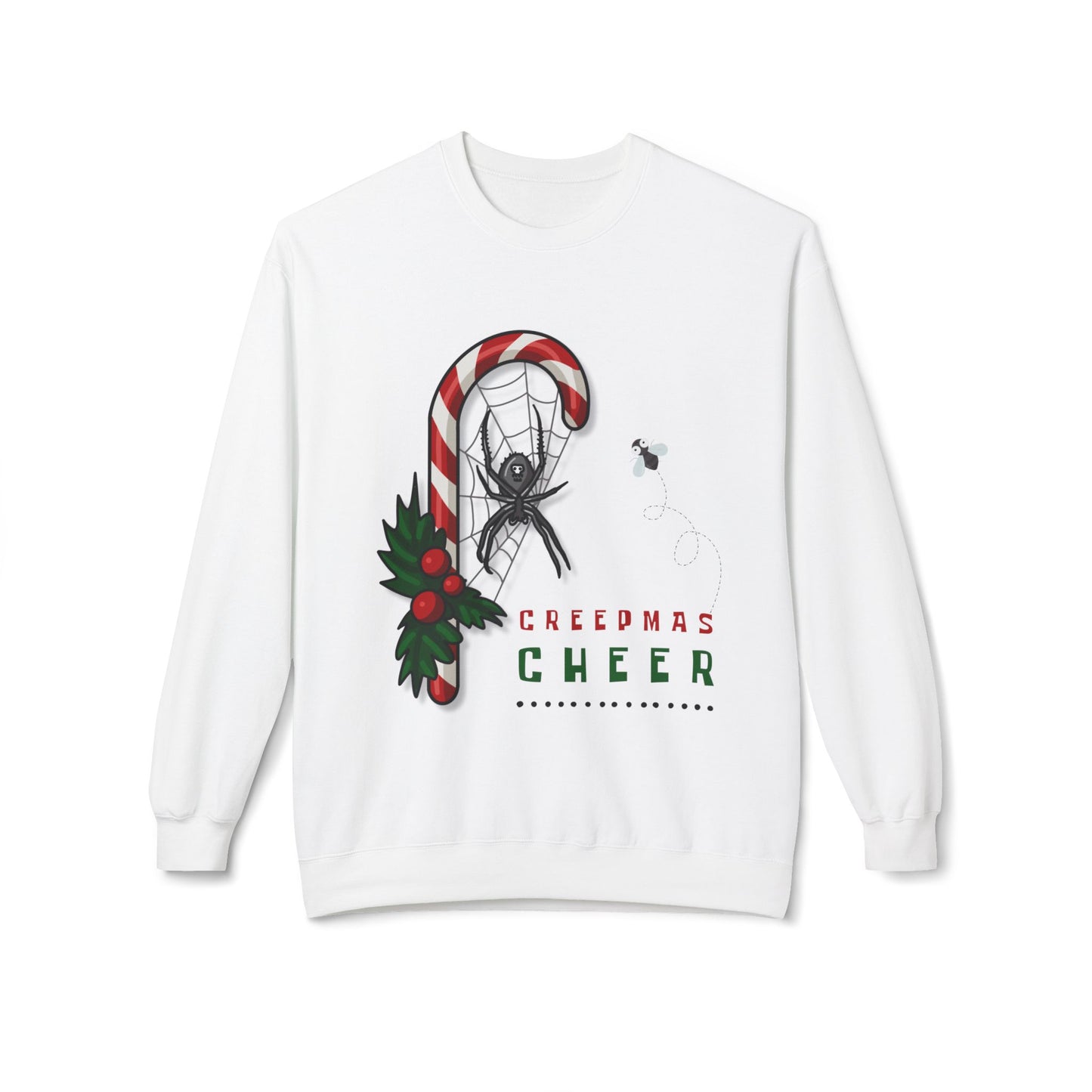 White sweatshirt with Christmas-themed design featuring a candy cane, black widow spider, and holly leaves on a white background with text 'Creepmas Cheer'