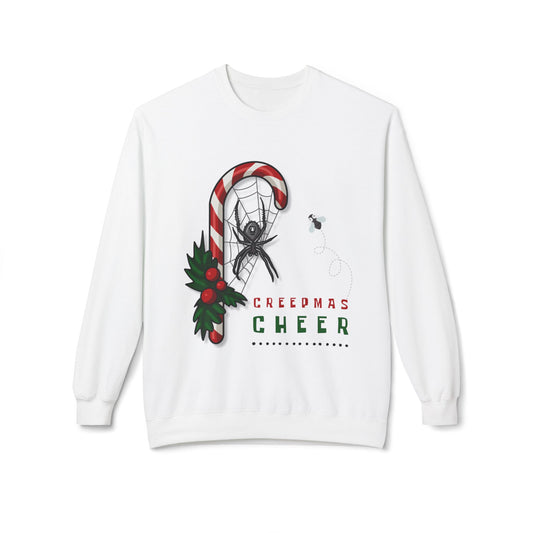 White sweatshirt with Christmas-themed design featuring a candy cane, black widow spider, and holly leaves on a white background with text 'Creepmas Cheer'