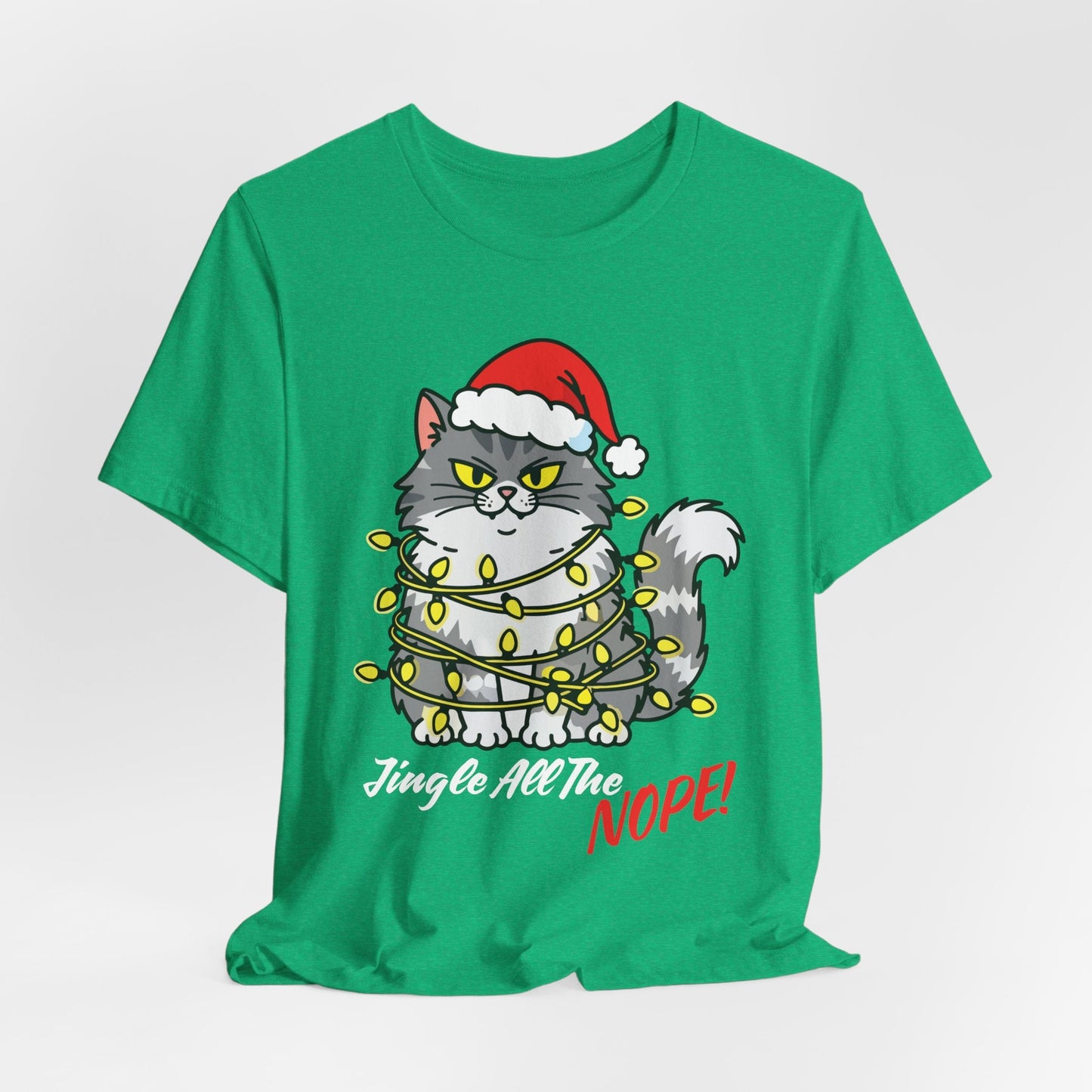 Teen/Adult Unisex Jingle All The Nope T-Shirt â€“ Grumpy Cat Christmas Lights Design Printify