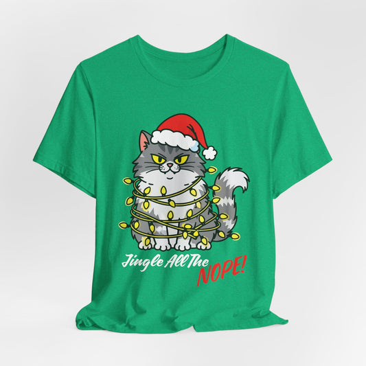 Teen/Adult Unisex Jingle All The Nope T-Shirt â€“ Grumpy Cat Christmas Lights Design Printify