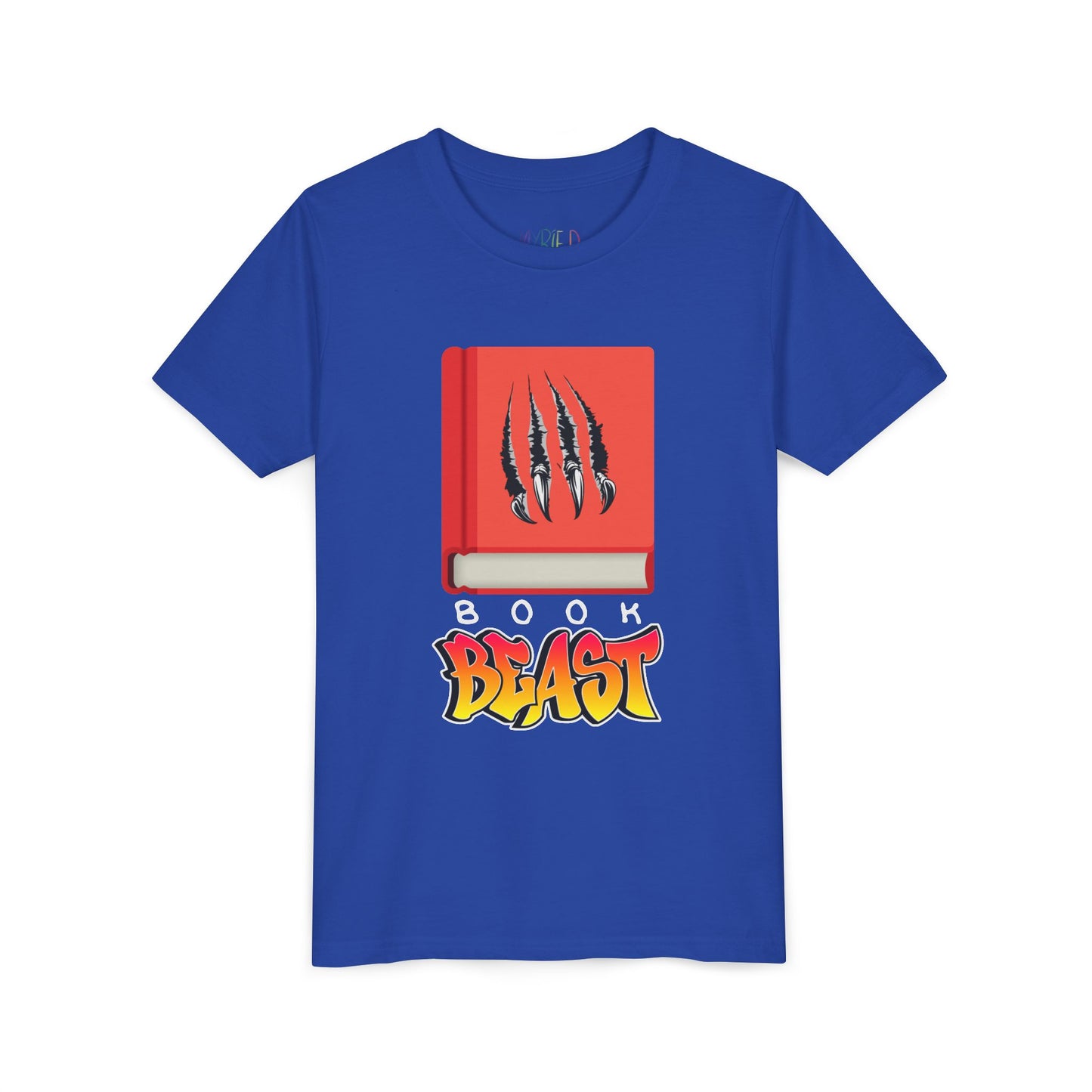 Blue t-shirt with a graphic design of a red book with claw marks and BOOK BEAST' text 