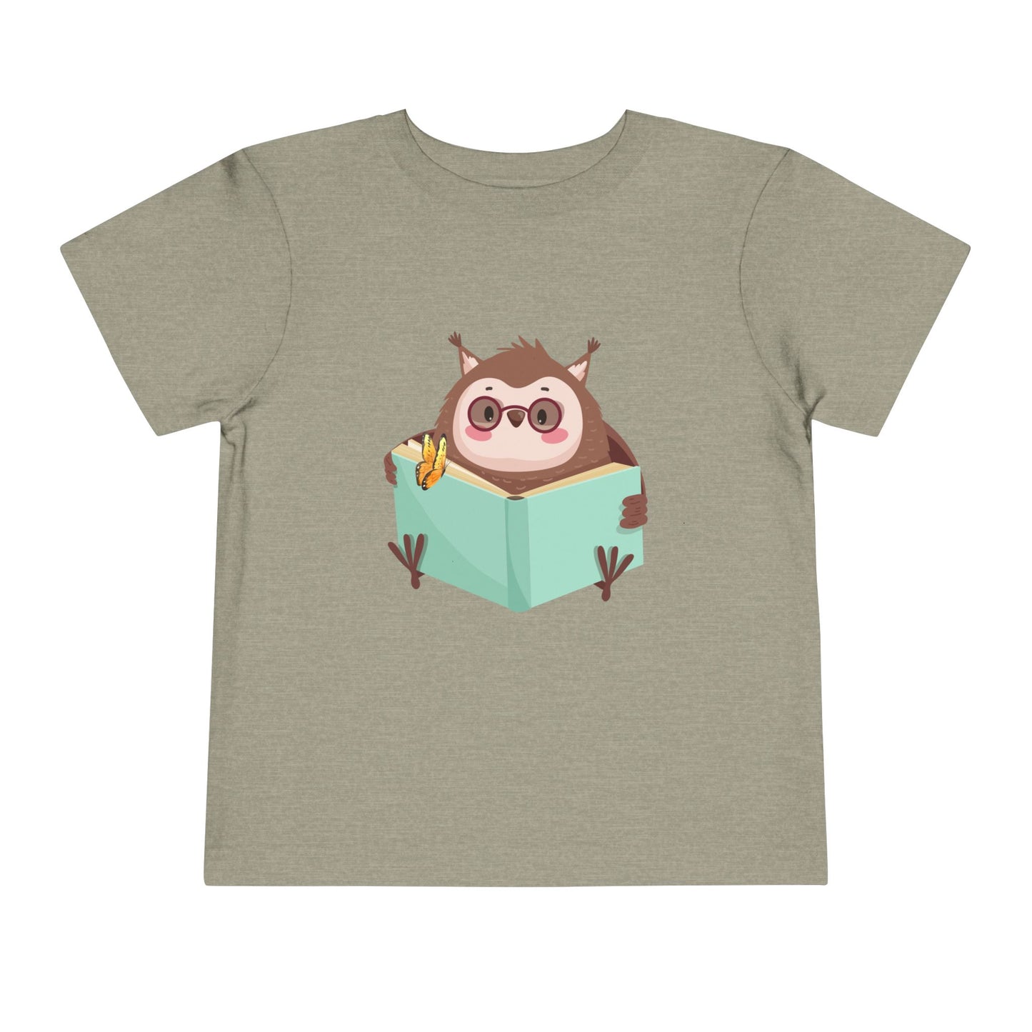 Tan toddler t-shirt with a cartoon own reading a book with a butterfly perched on top