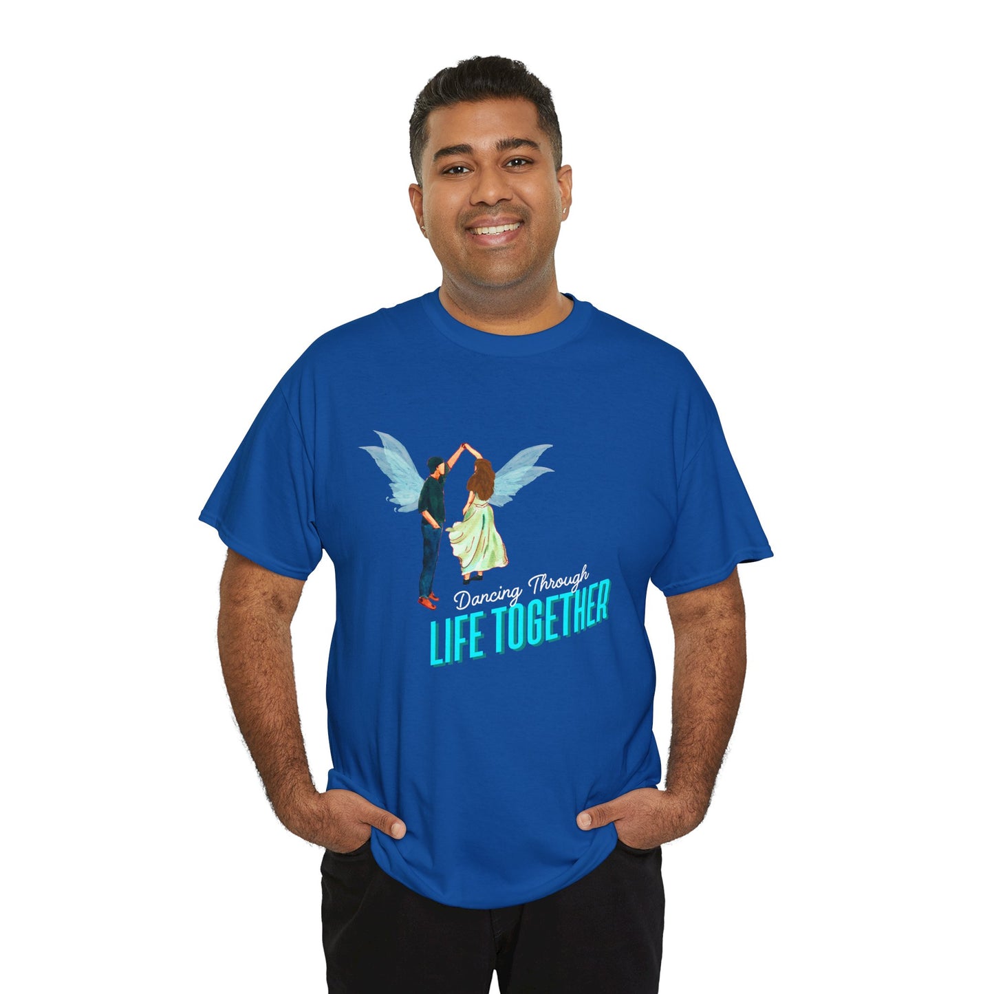 Man wearing a blue t-shirt with two fairies dancing and text 'Dancing Through Life Together' 