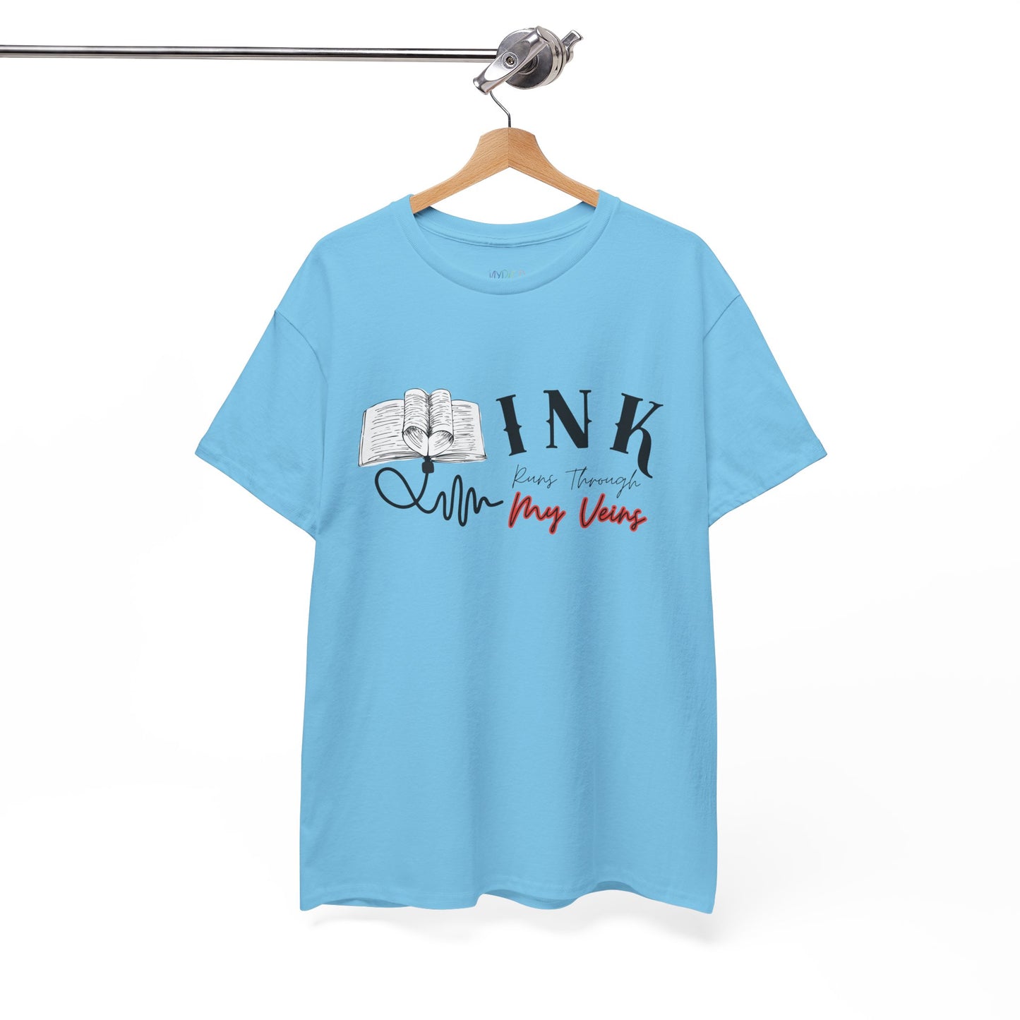 Blue t-shirt with an IV connected to an open book and text 'INK Runs Through My Veins' 
