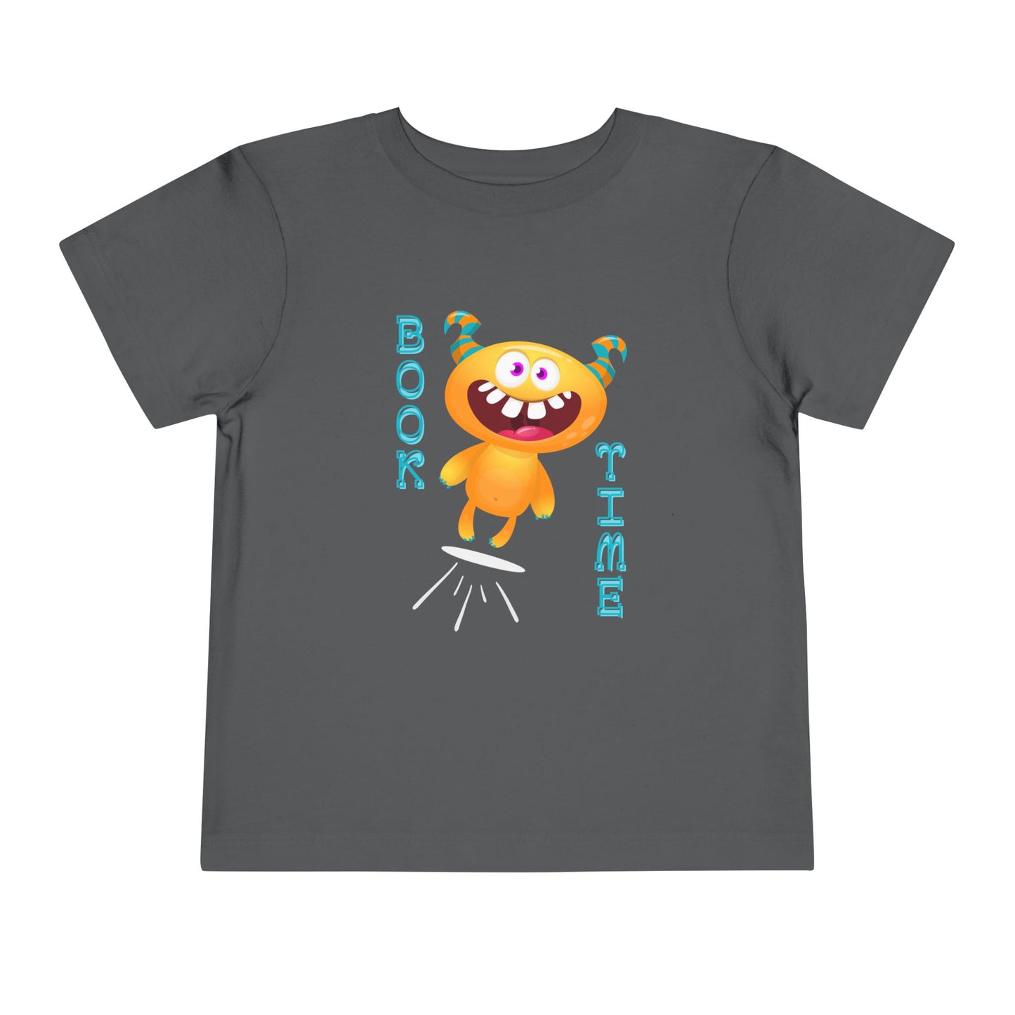 Gray toddler t-shirt with a jumping cartoon monster design and text 'BOOK TIME'