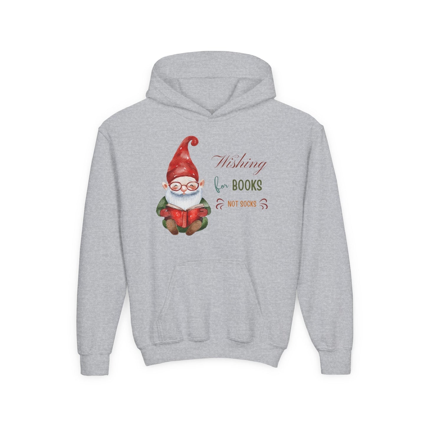 Youth Wishing for Books Hoodie â€“ Cute Holiday Gnome Design Printify