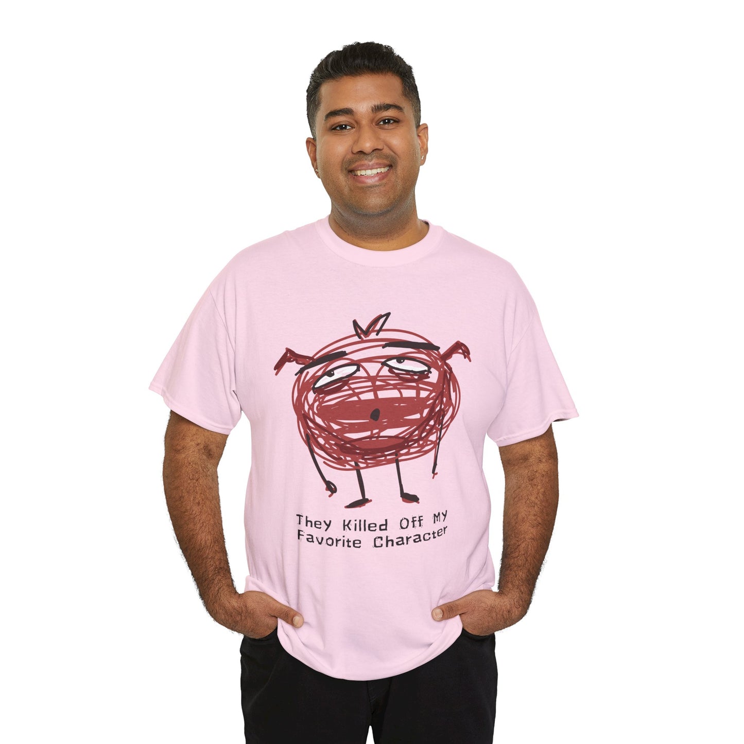 Man wearing a pink t-shirt with a scribbled character looking defeated and text 'They Killed Off My Favorite Character'