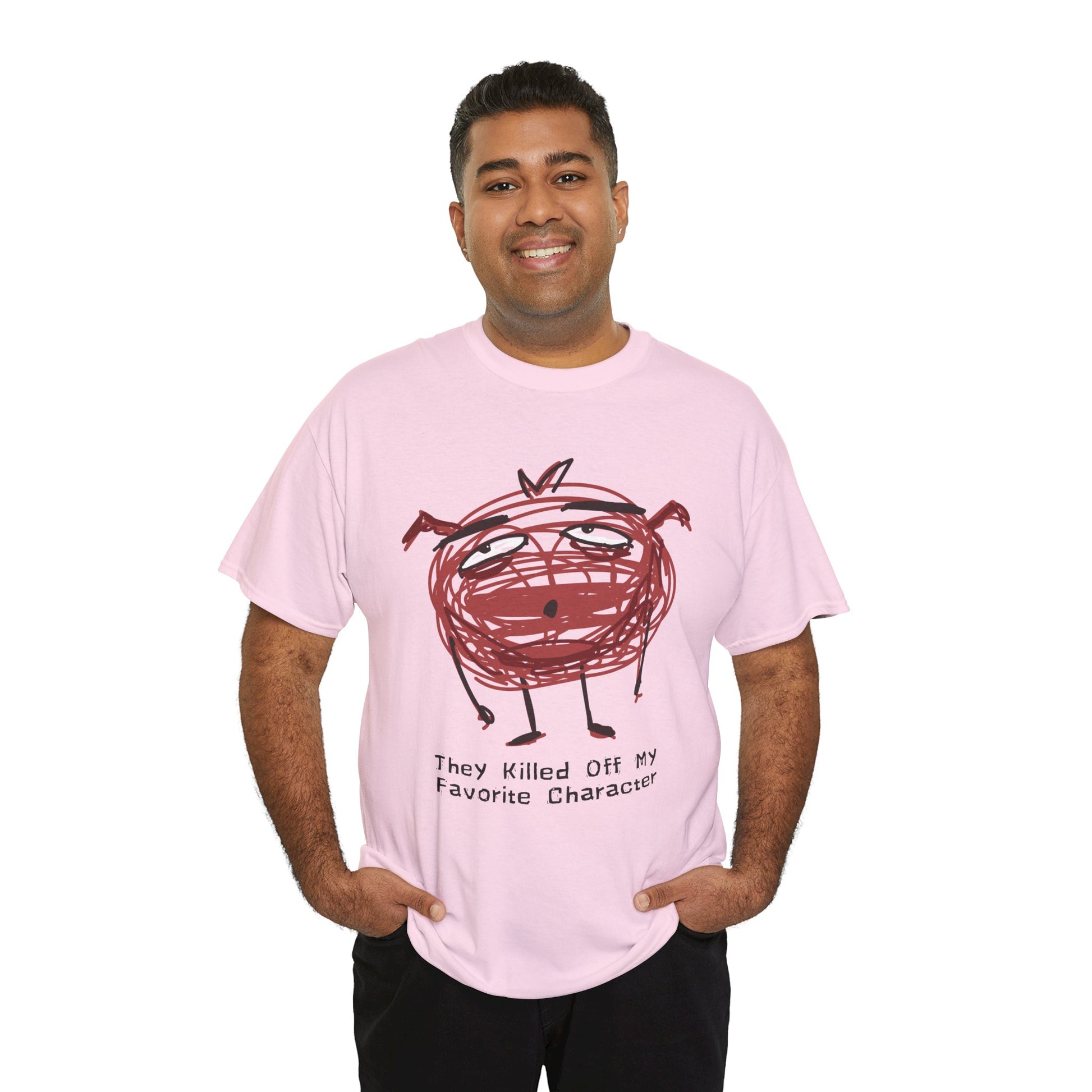 Man wearing a pink t-shirt with a scribbled character looking defeated and text 'They Killed Off My Favorite Character'