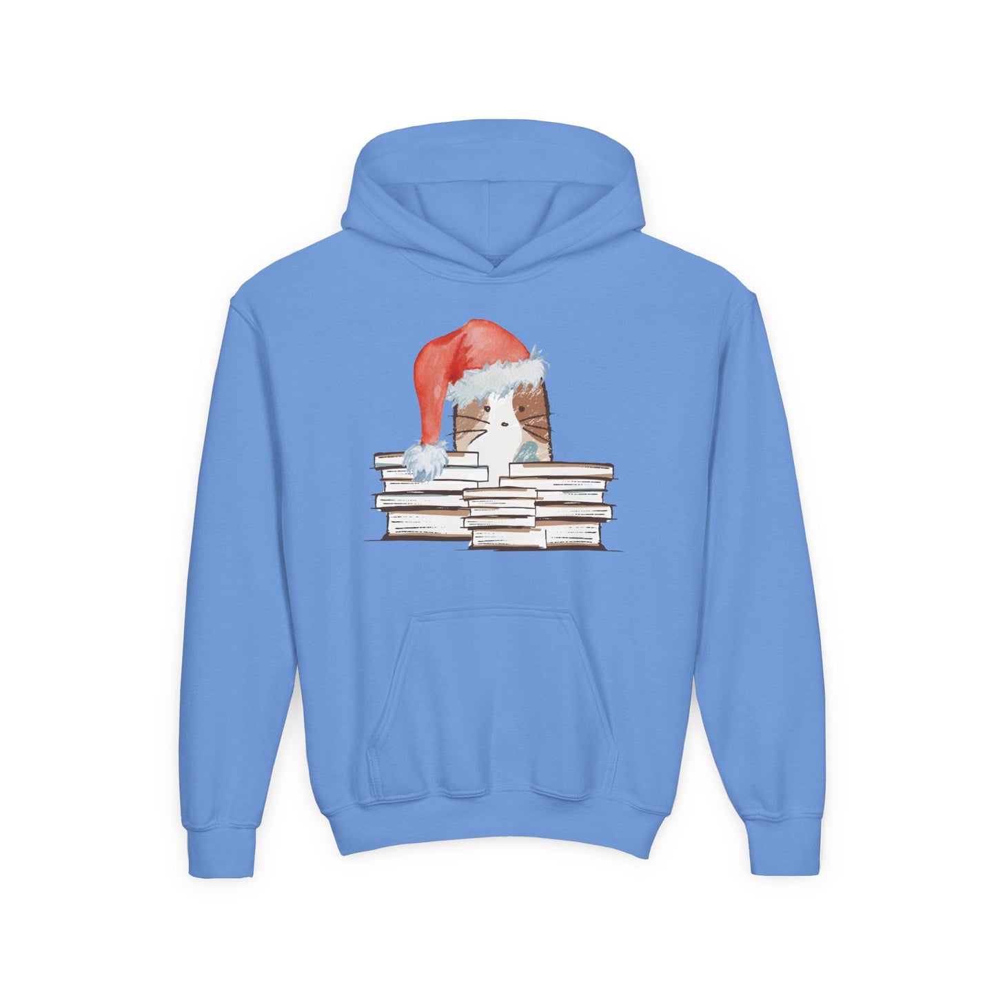 Youth Santa Cat & Books Hoodie â€“ Cozy Holiday Reading Design Printify