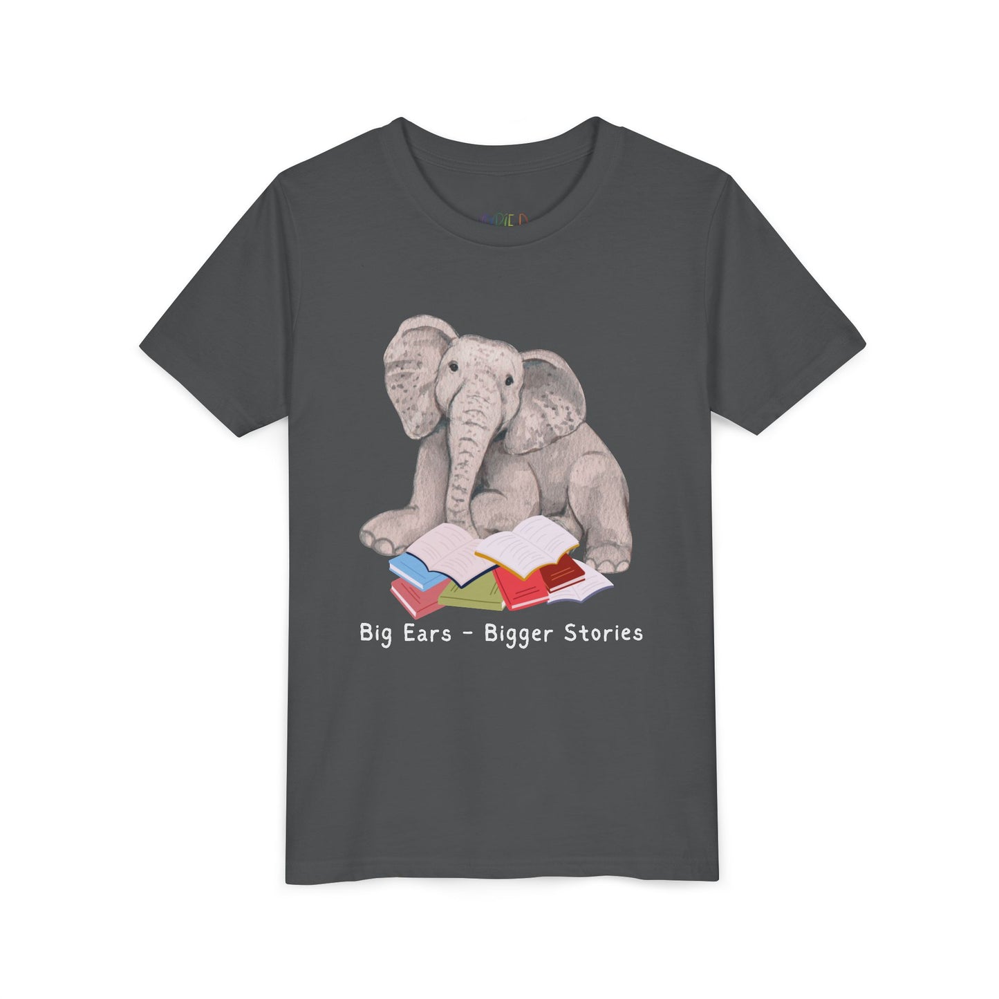 Youth Big Ears – Bigger Stories Tee – Elephant Reading Shirt for Thoughtful Little Listeners