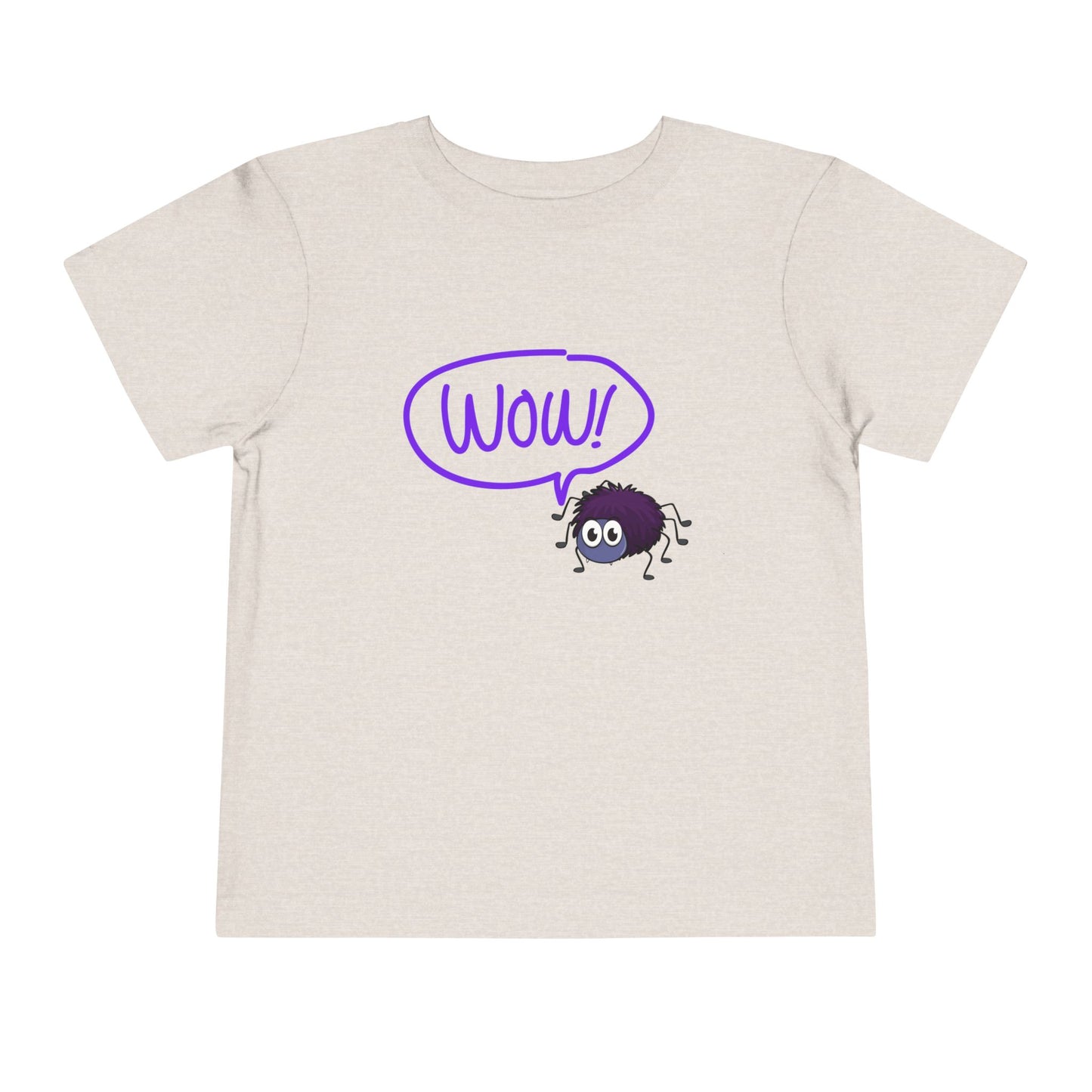Tan t-shirt with a purple spider and a 'WOW!' thought bubble