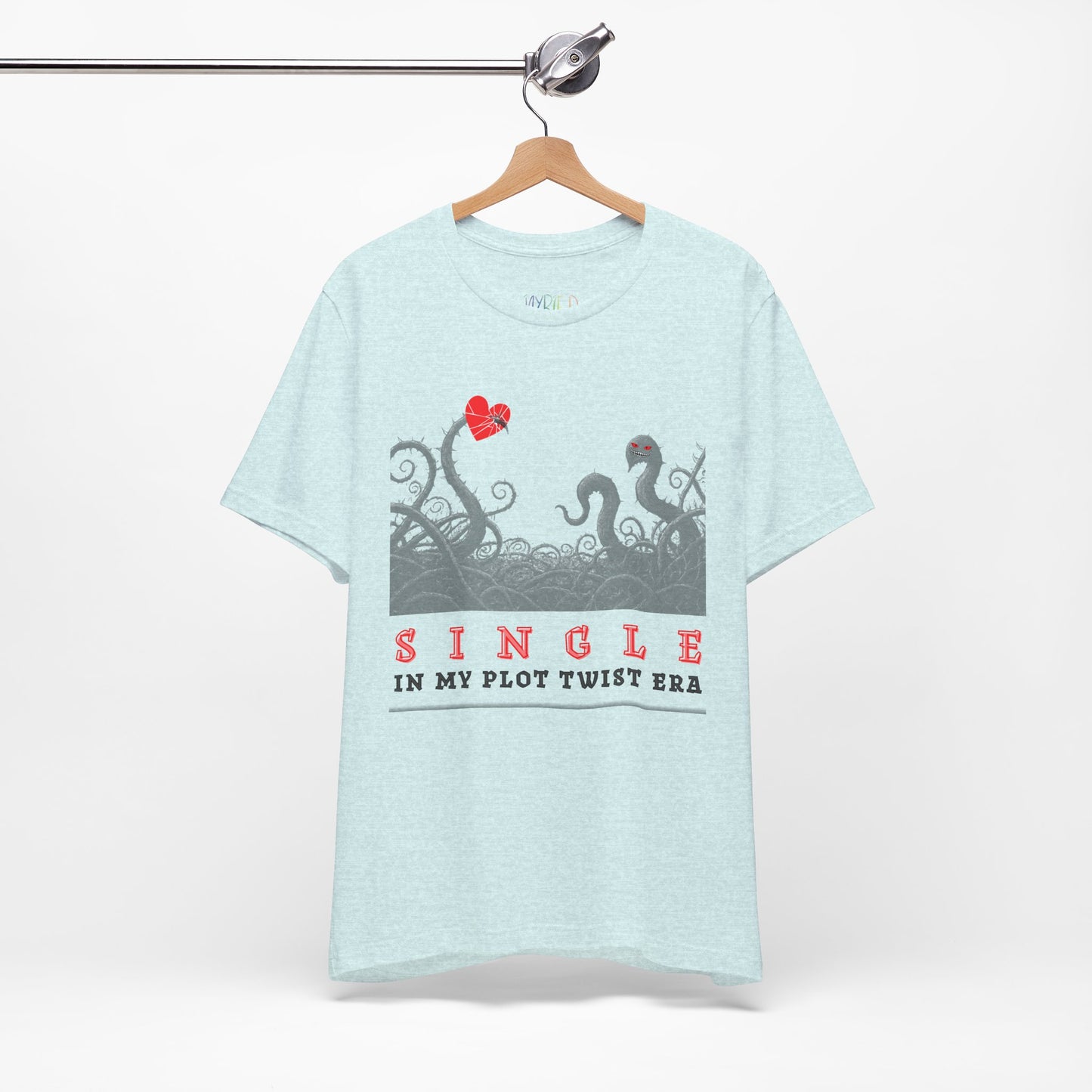Icy blue t-shirt with thorny vines stabbed through a heart and text 'SINGLE. In My Plot Era' 