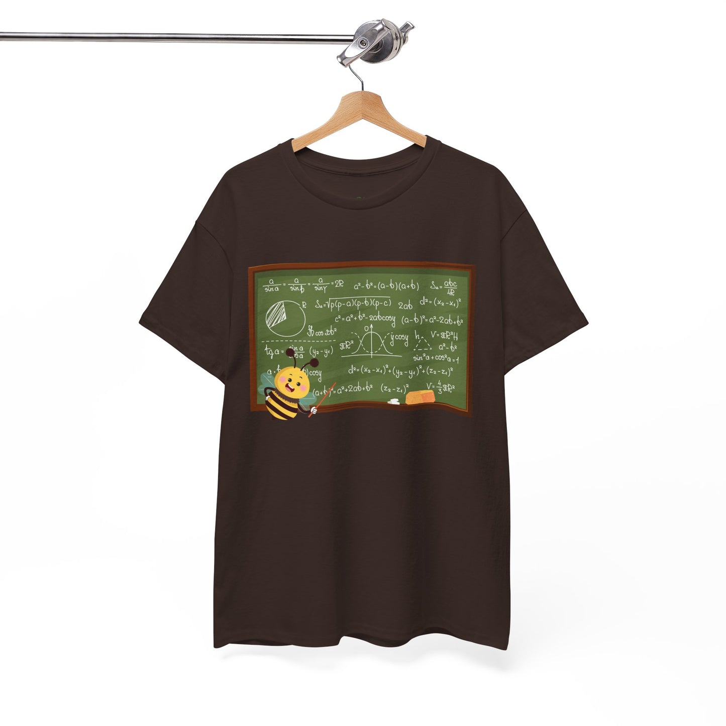 Dark brown t-shirt with a graphic of bee pointing at a chalk board with mathematical equations 