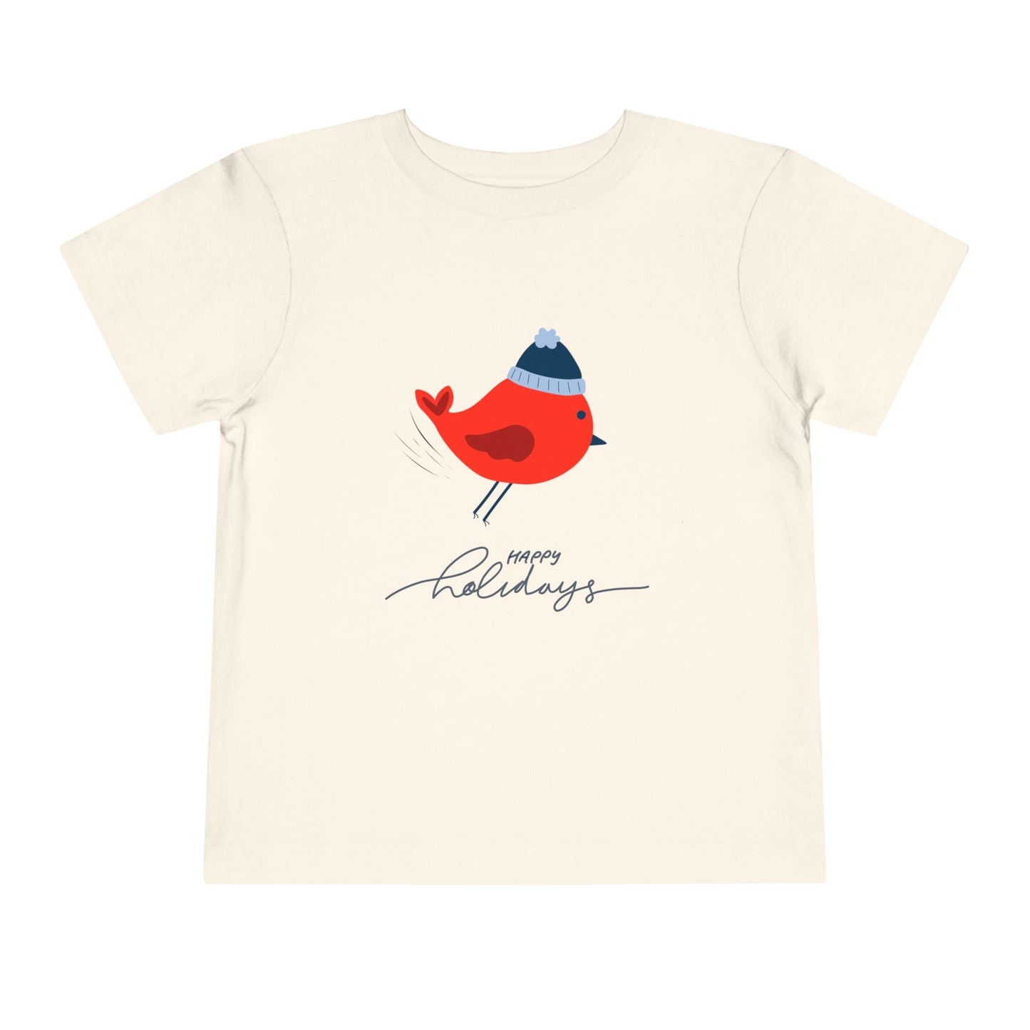 Beige toddler t-shirt with a red robin bird graphic wearing a winter hat and 'Happy Holidays' text on a white background